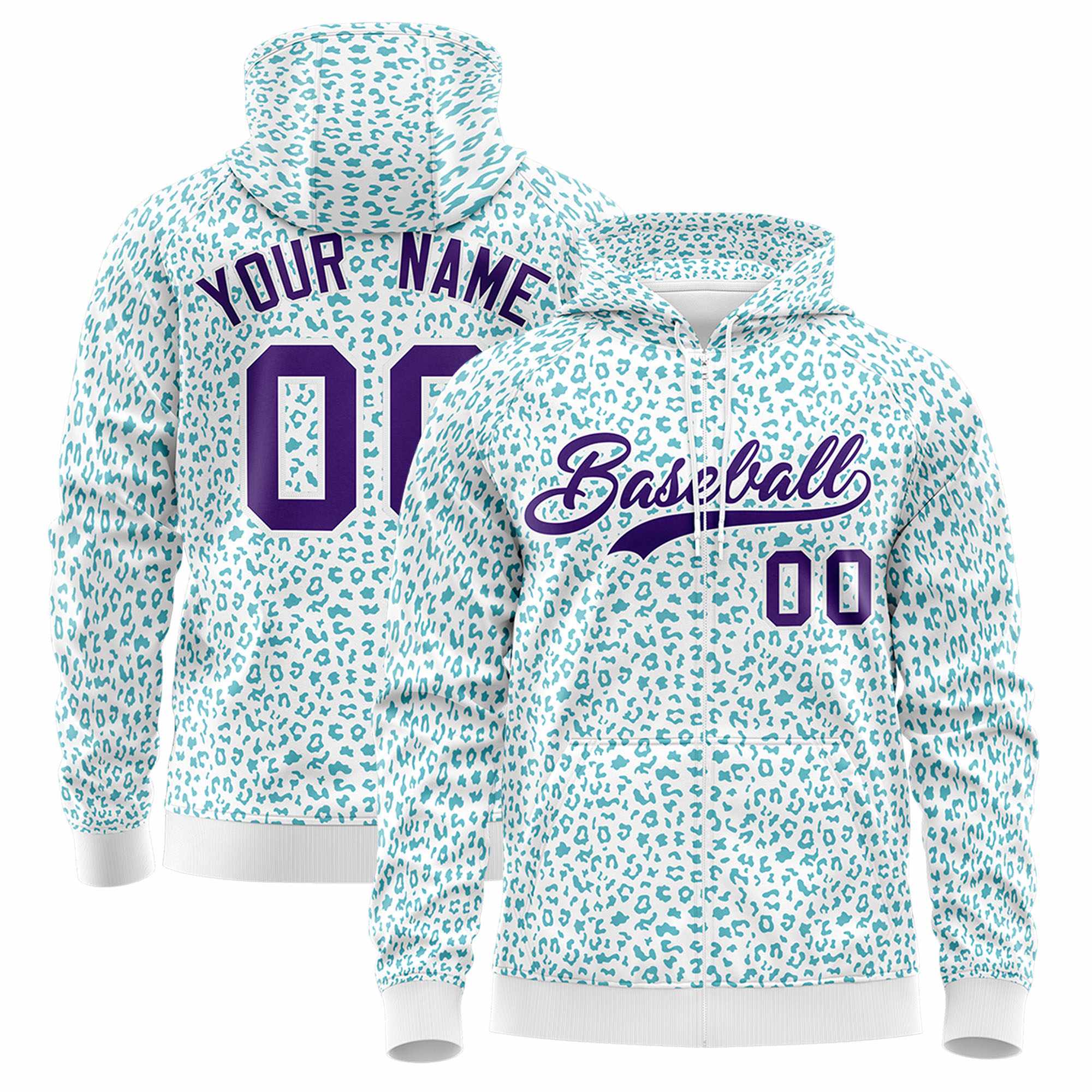 Custom White Teal Varsity Full-Zip Letterman Leopard Print Hoodie Jacket