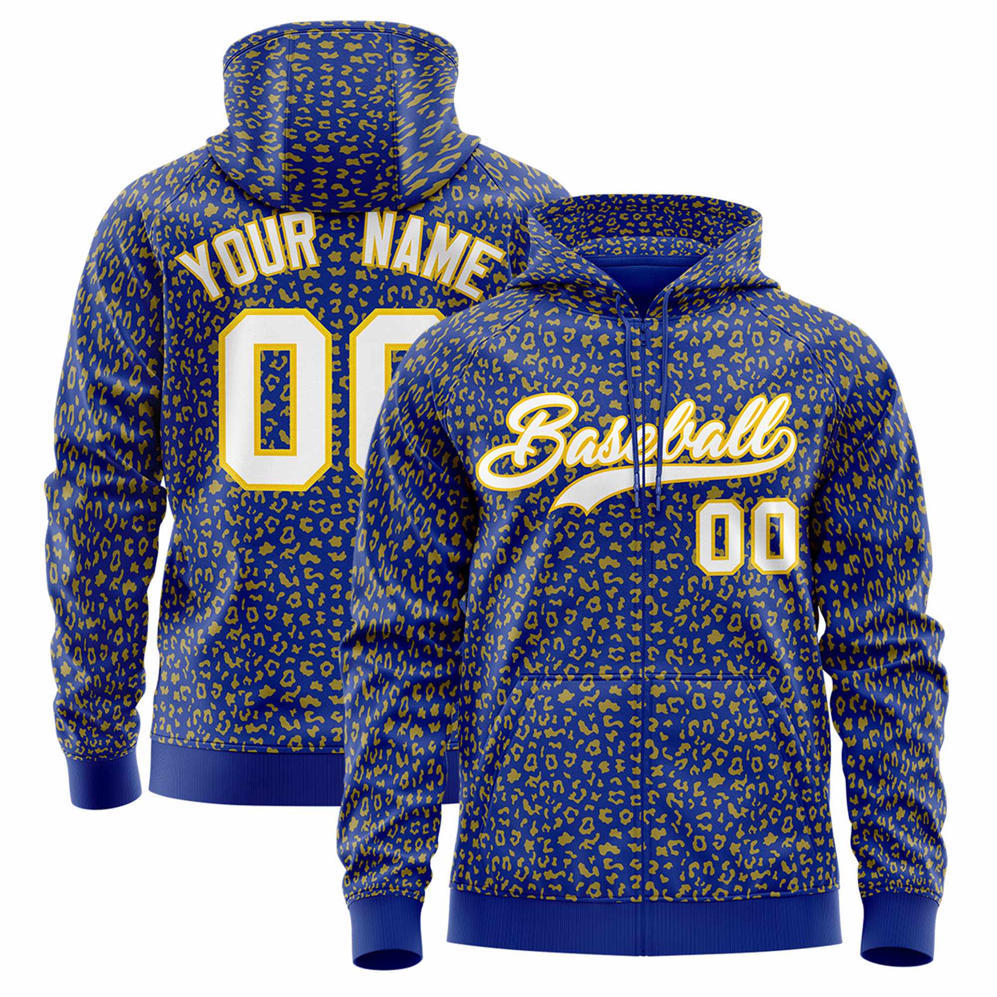 Custom Royal Gold Varsity Full-Zip Letterman Leopard Print Hoodie Jacket