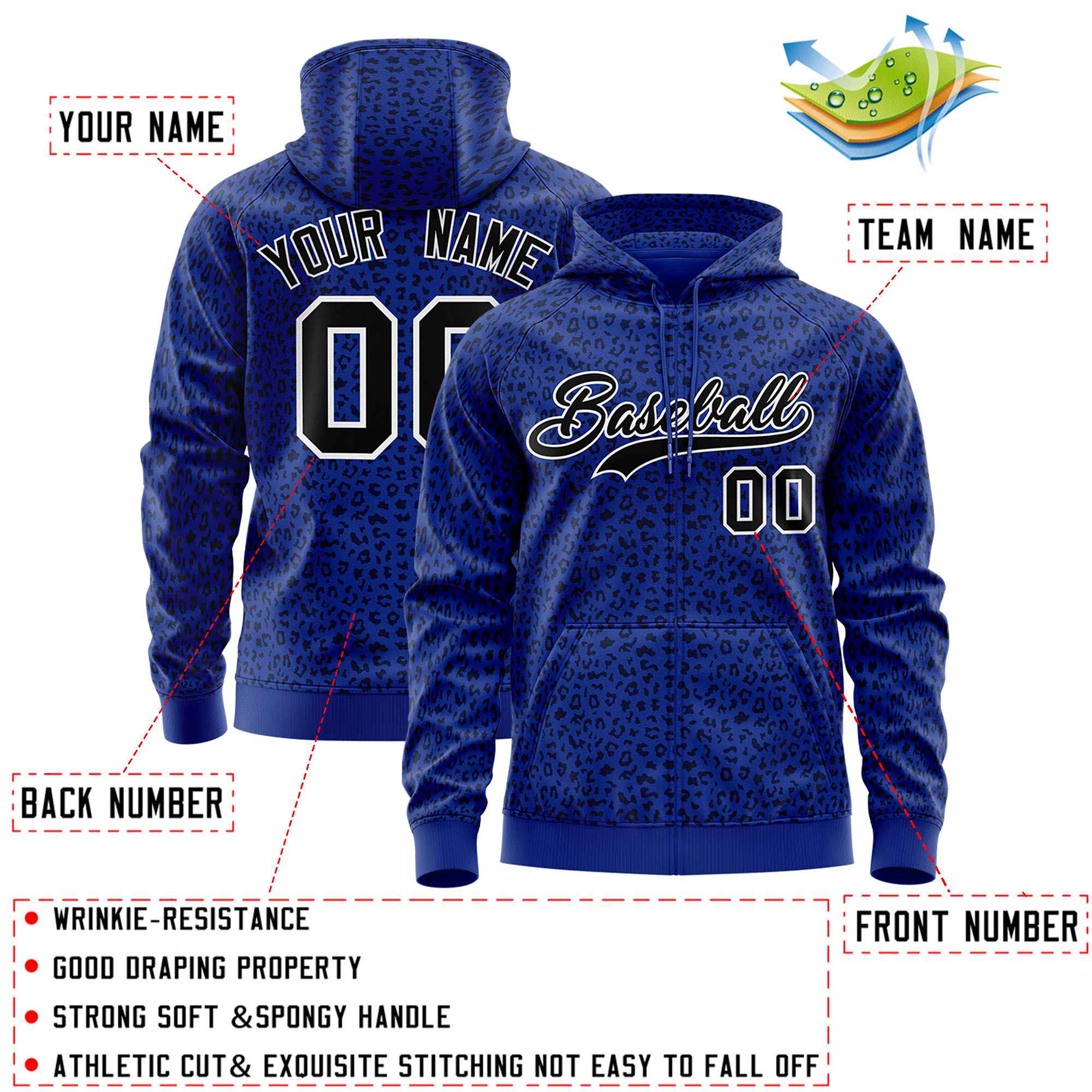 Custom Royal Black Varsity Full-Zip Letterman Leopard Print Hoodie Jacket