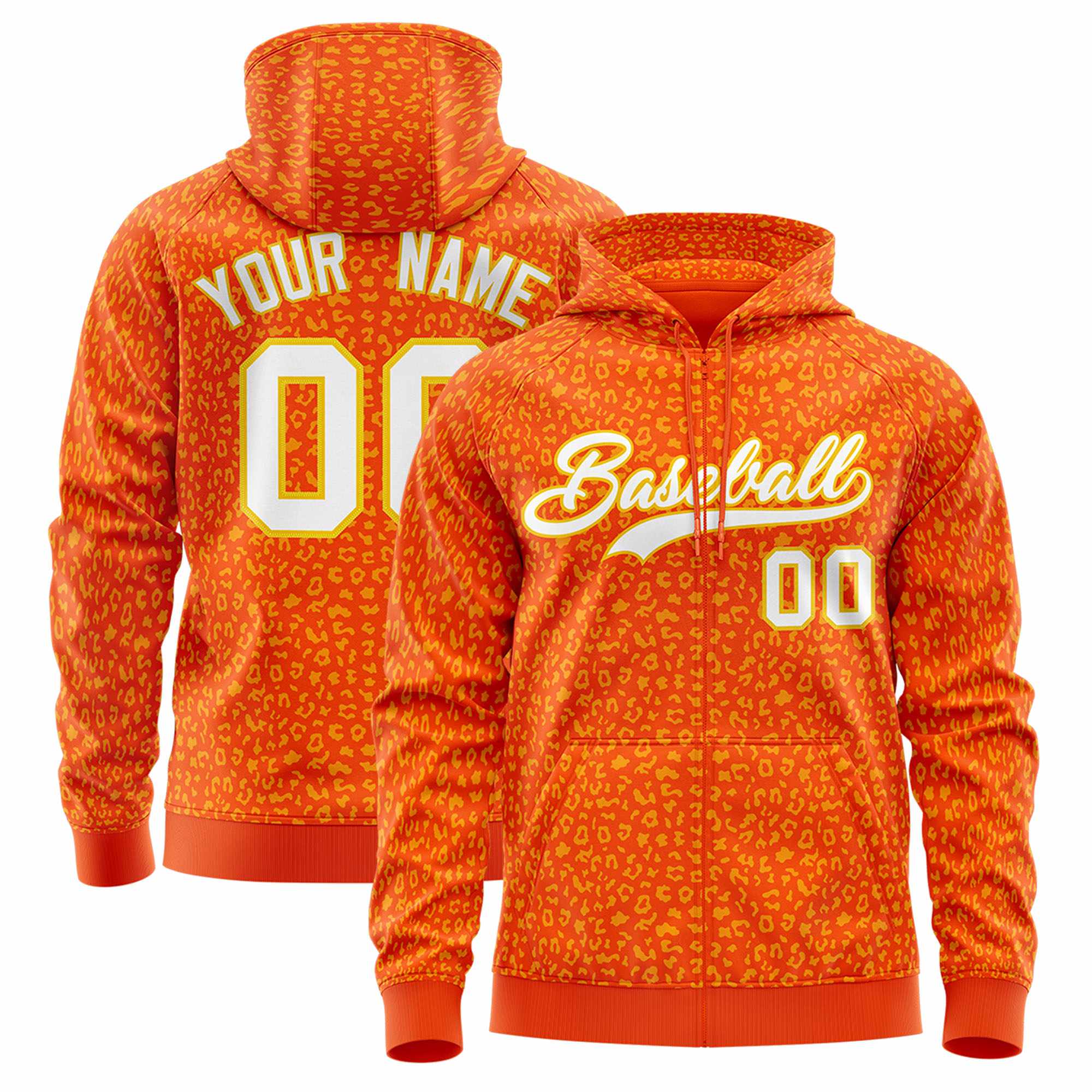 Custom Orange Gold Varsity Full-Zip Letterman Leopard Print Hoodie Jacket