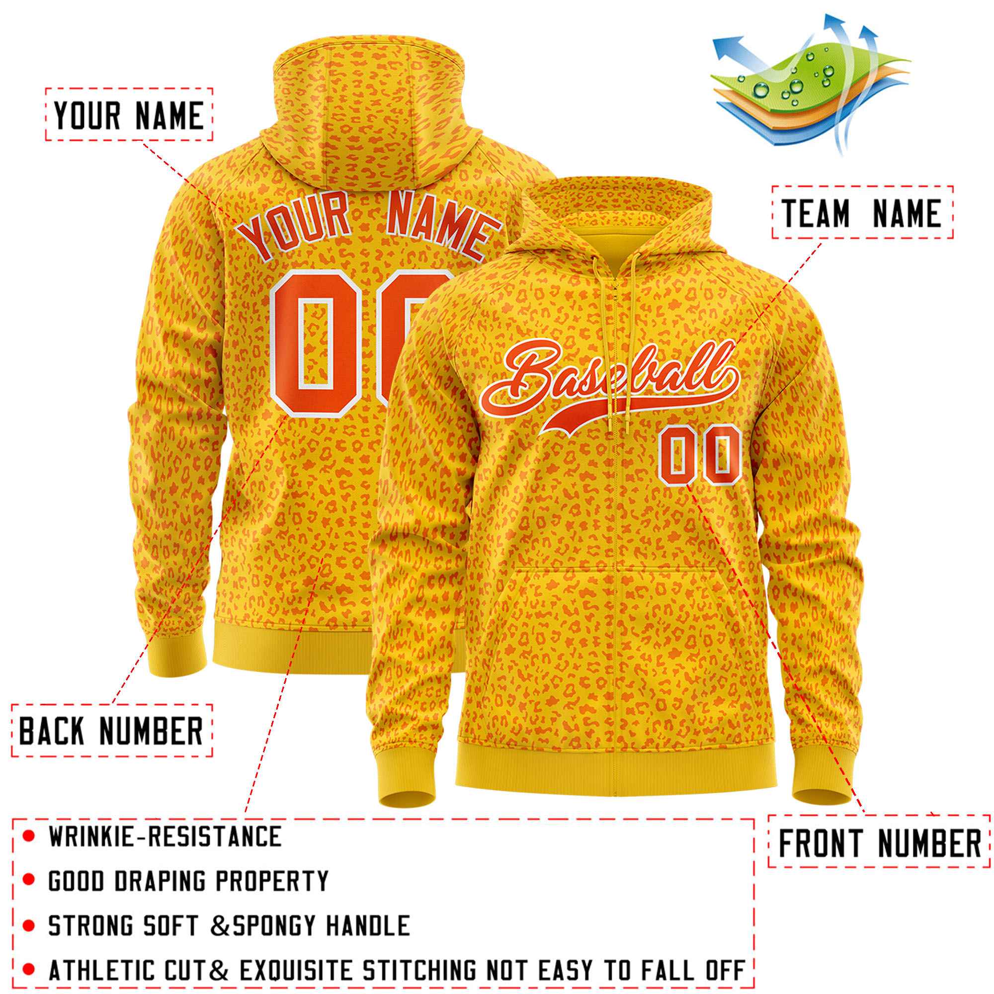 Custom Orange Aqua Varsity Full-Zip Letterman Leopard Print Hoodie Jacket