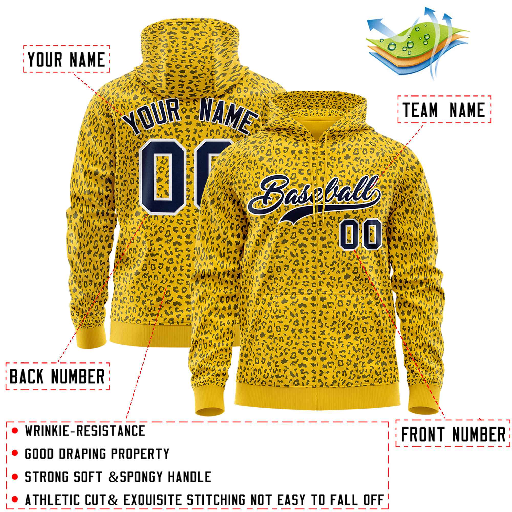 Custom Gold Navy Varsity Full-Zip Letterman Leopard Print Hoodie Jacket