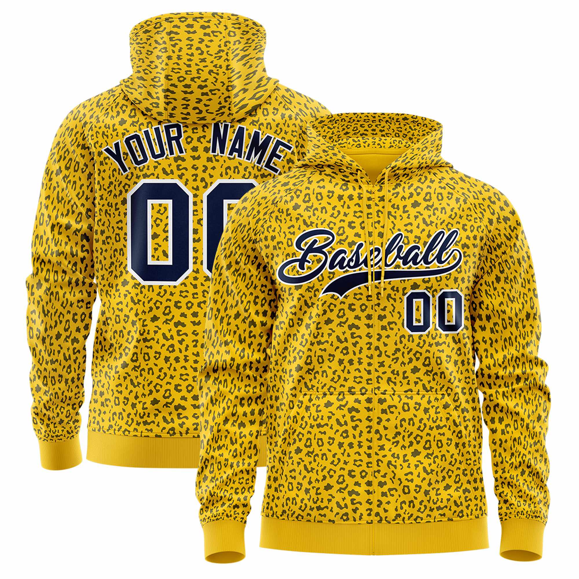 Custom Gold Navy Varsity Full-Zip Letterman Leopard Print Hoodie Jacket