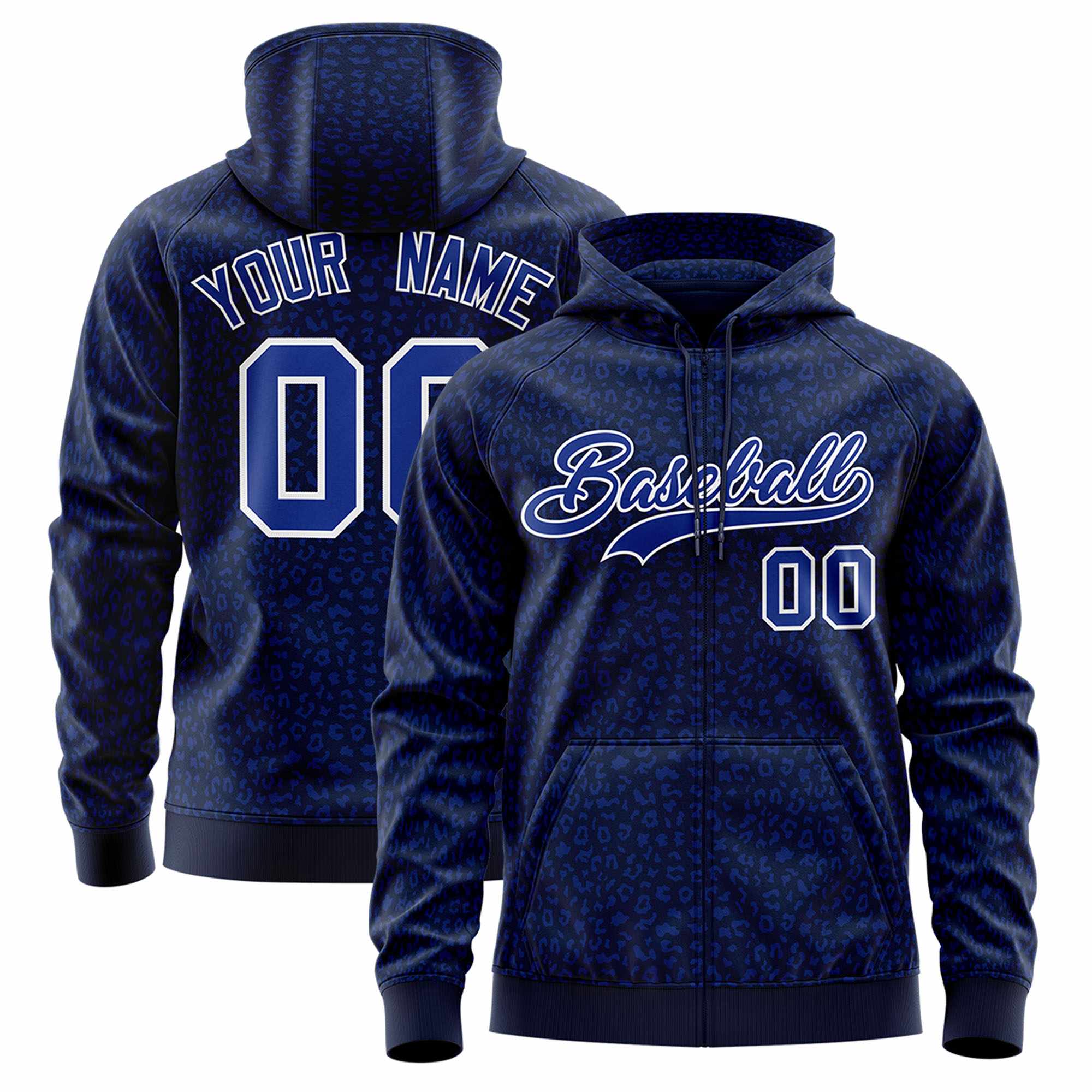 Custom Navy Royal Varsity Full-Zip Letterman Leopard Print Hoodie Jacket