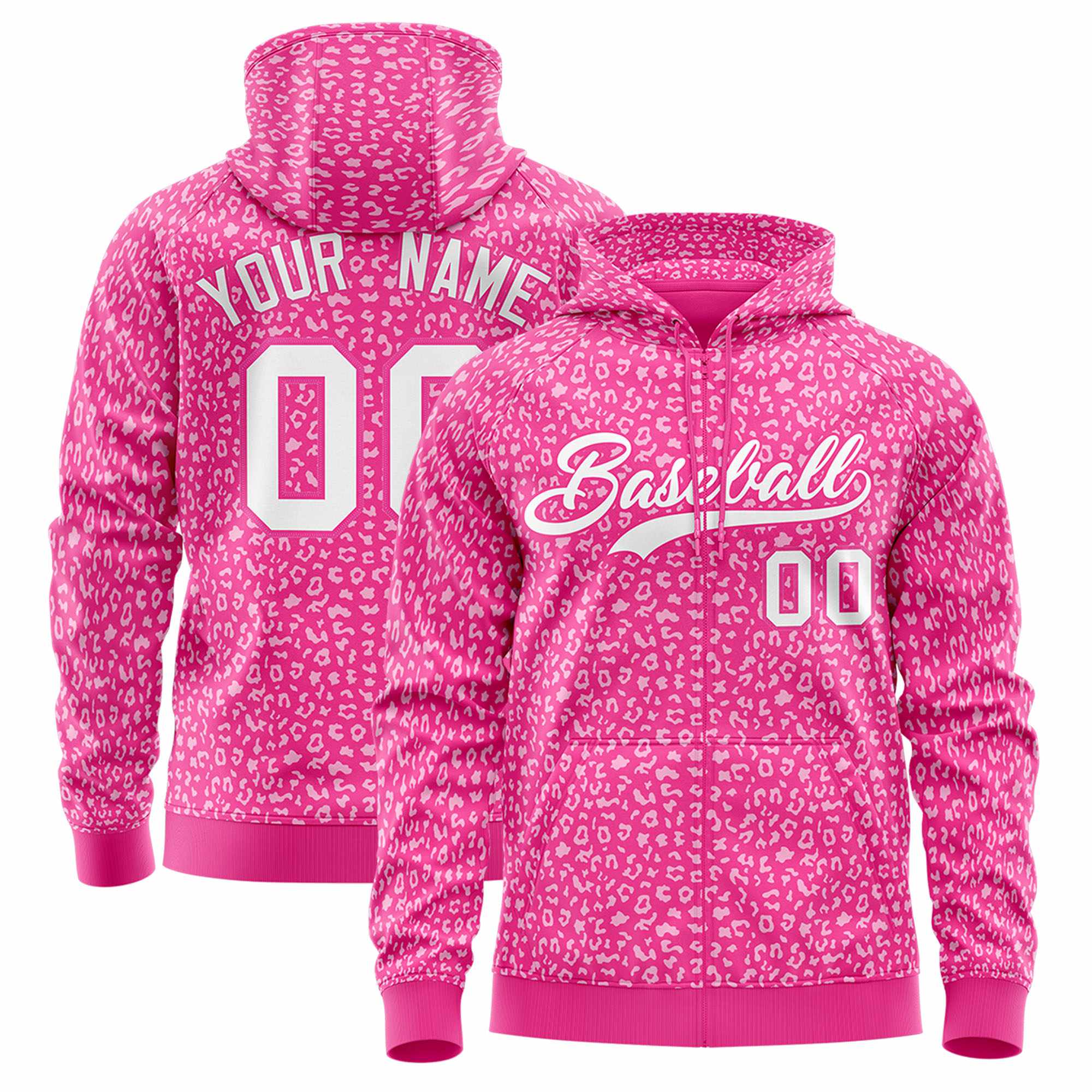 Custom Pink White Varsity Full-Zip Letterman Leopard Print Hoodie Jacket