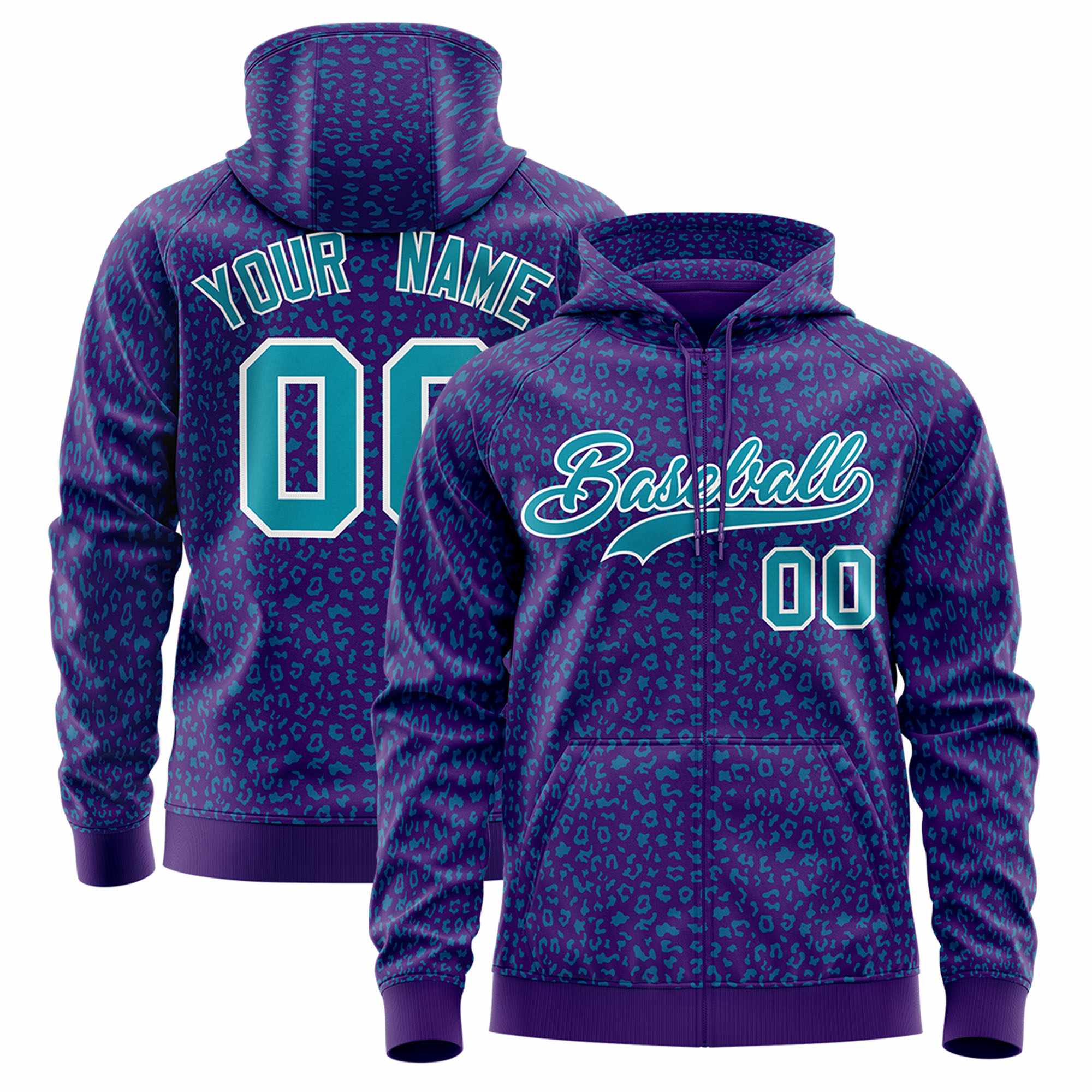 Custom Purple Teal Varsity Full-Zip Letterman Leopard Print Hoodie Jacket