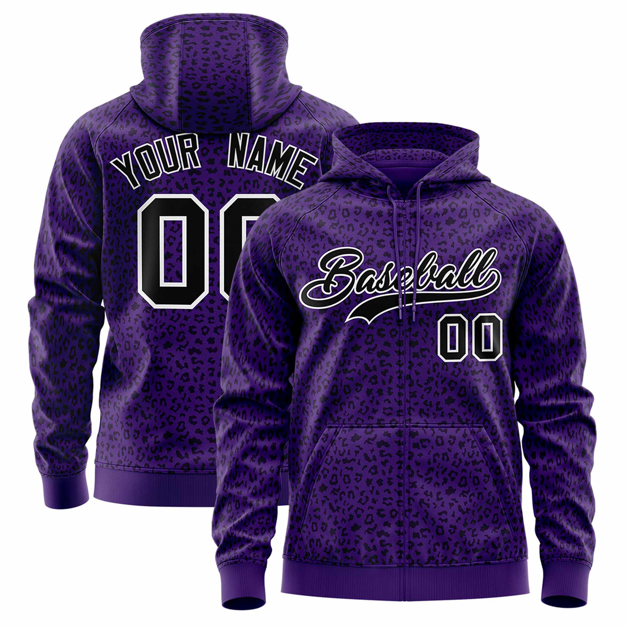 Custom Purple Black Varsity Full-Zip Letterman Leopard Print Hoodie Jacket