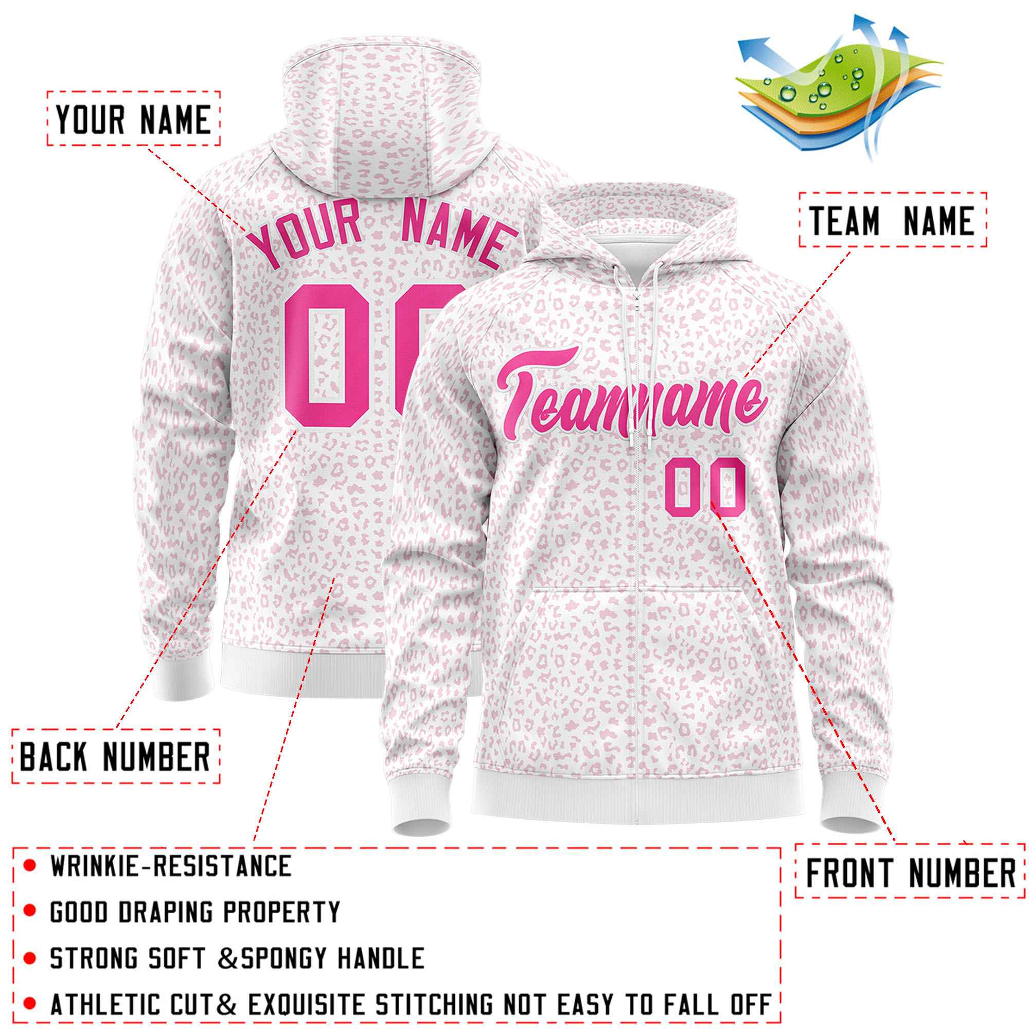 Custom White Pink Varsity Full-Zip Letterman Leopard Print Hoodie Jacket