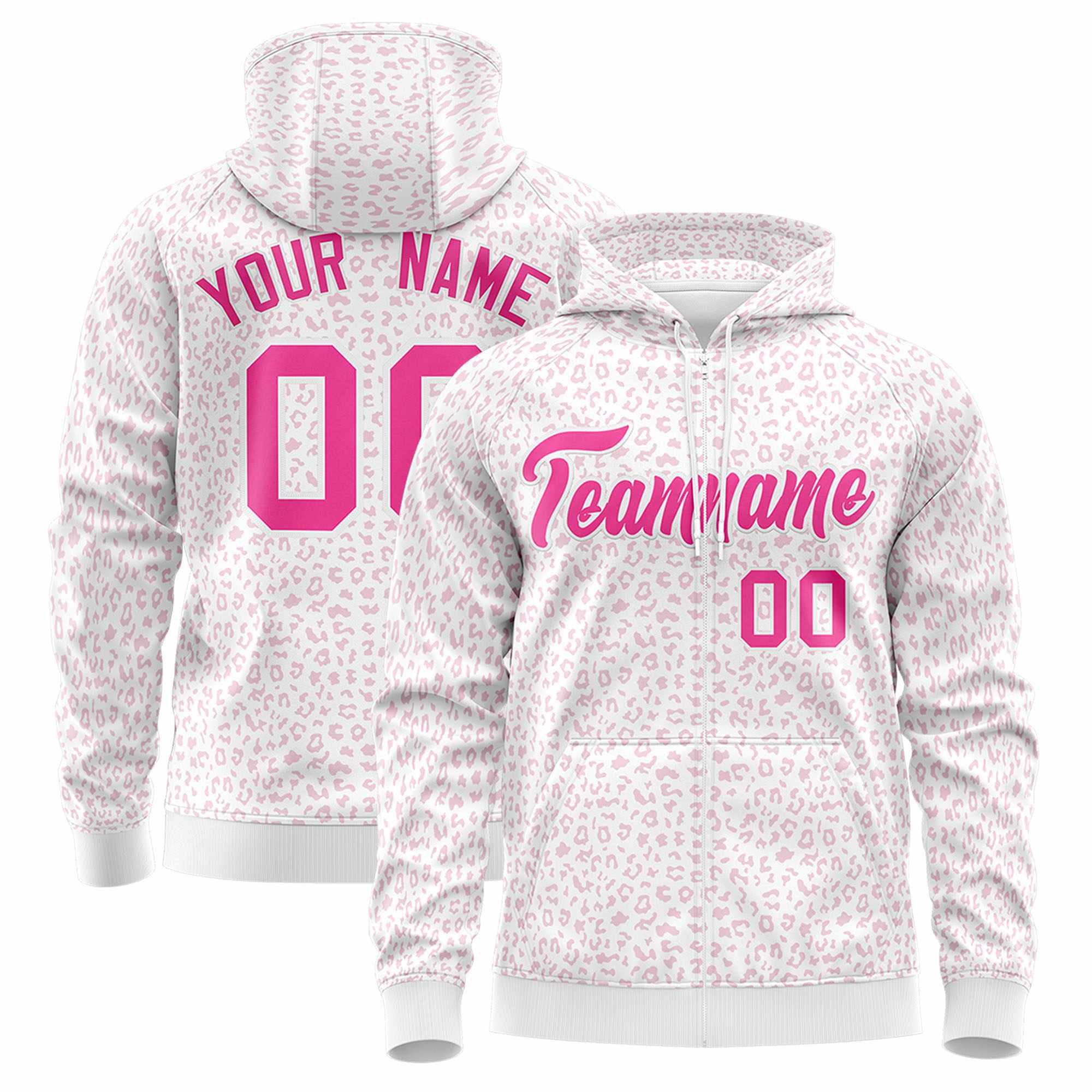 Custom White Pink Varsity Full-Zip Letterman Leopard Print Hoodie Jacket