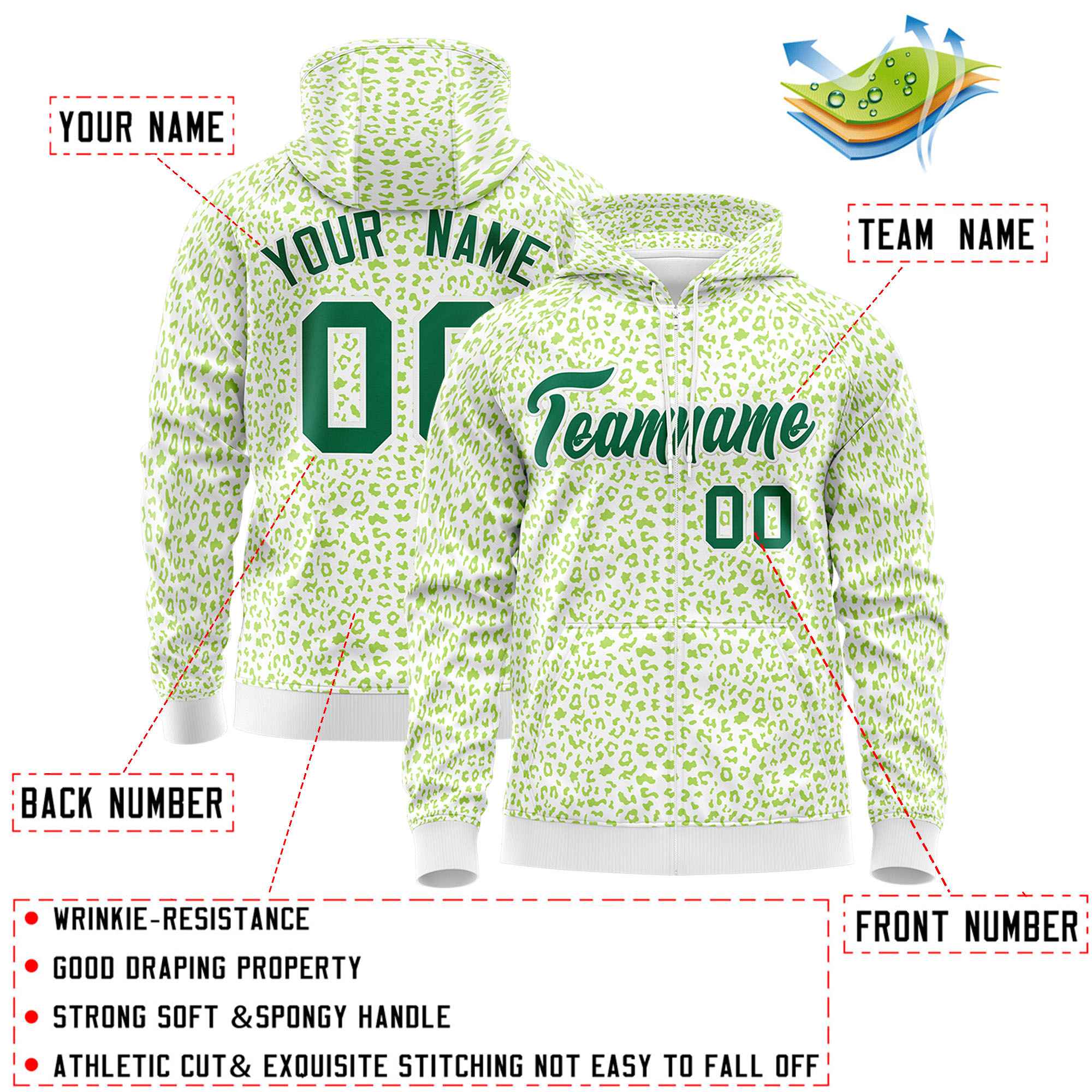 Custom Neon Green Green Varsity Full-Zip Letterman Leopard Print Hoodie Jacket