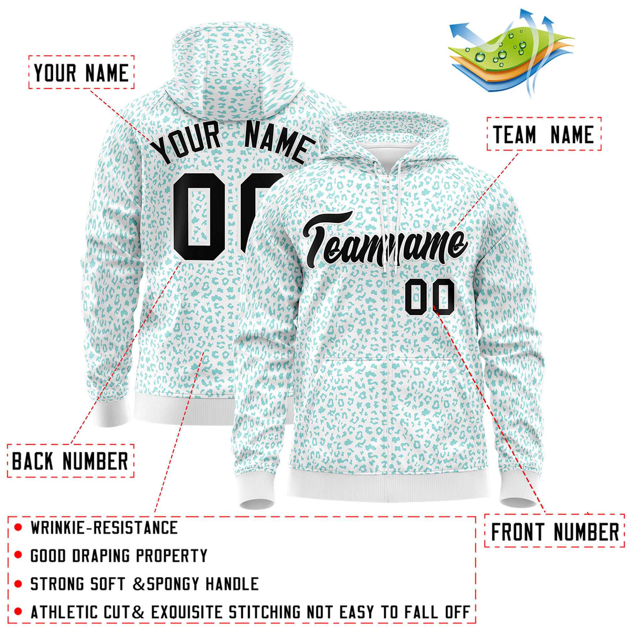 Custom White Bright Green Varsity Full-Zip Letterman Leopard Print Hoodie Jacket