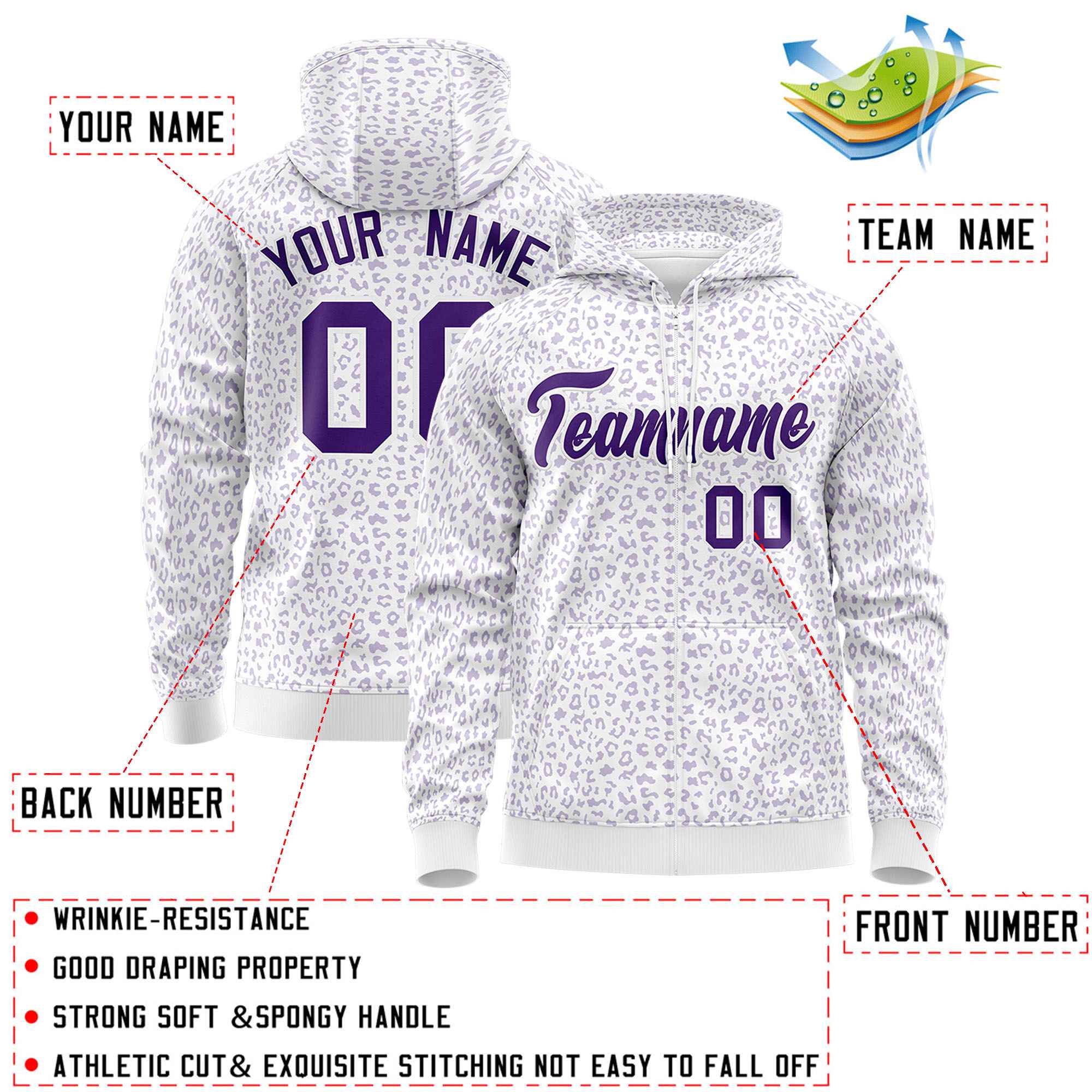 Custom Purple Light Purple Varsity Full-Zip Letterman Leopard Print Hoodie Jacket