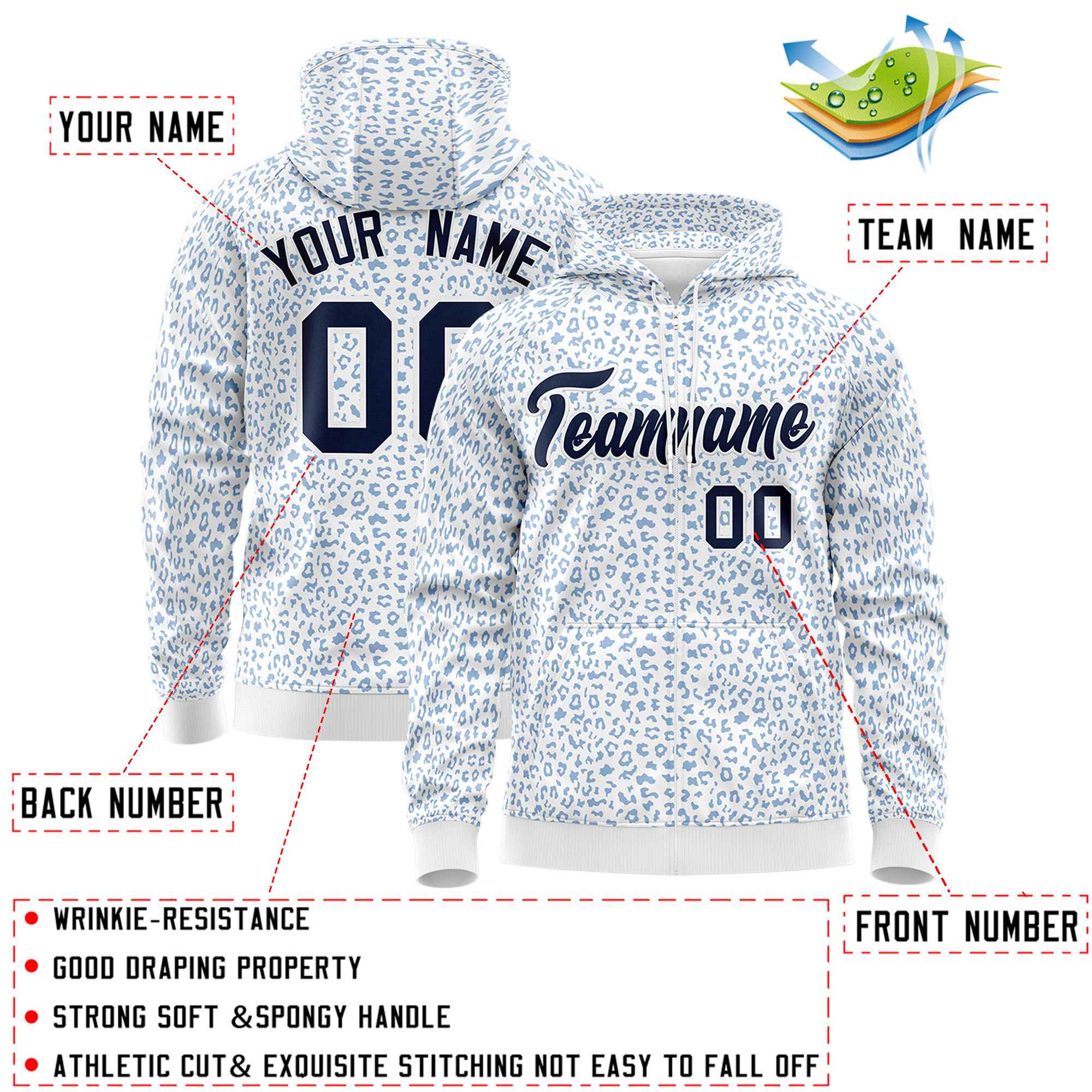 Custom White Light Blue Varsity Full-Zip Letterman Leopard Print Hoodie Jacket