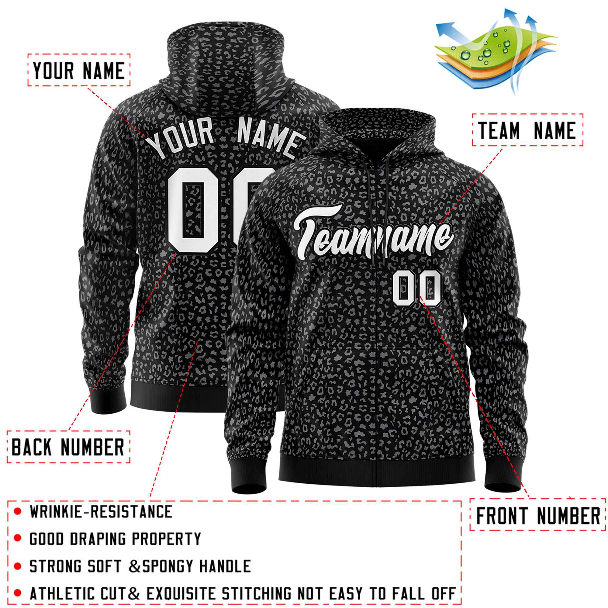 Custom Black Gray Varsity Full-Zip Letterman Leopard Print Hoodie Jacket