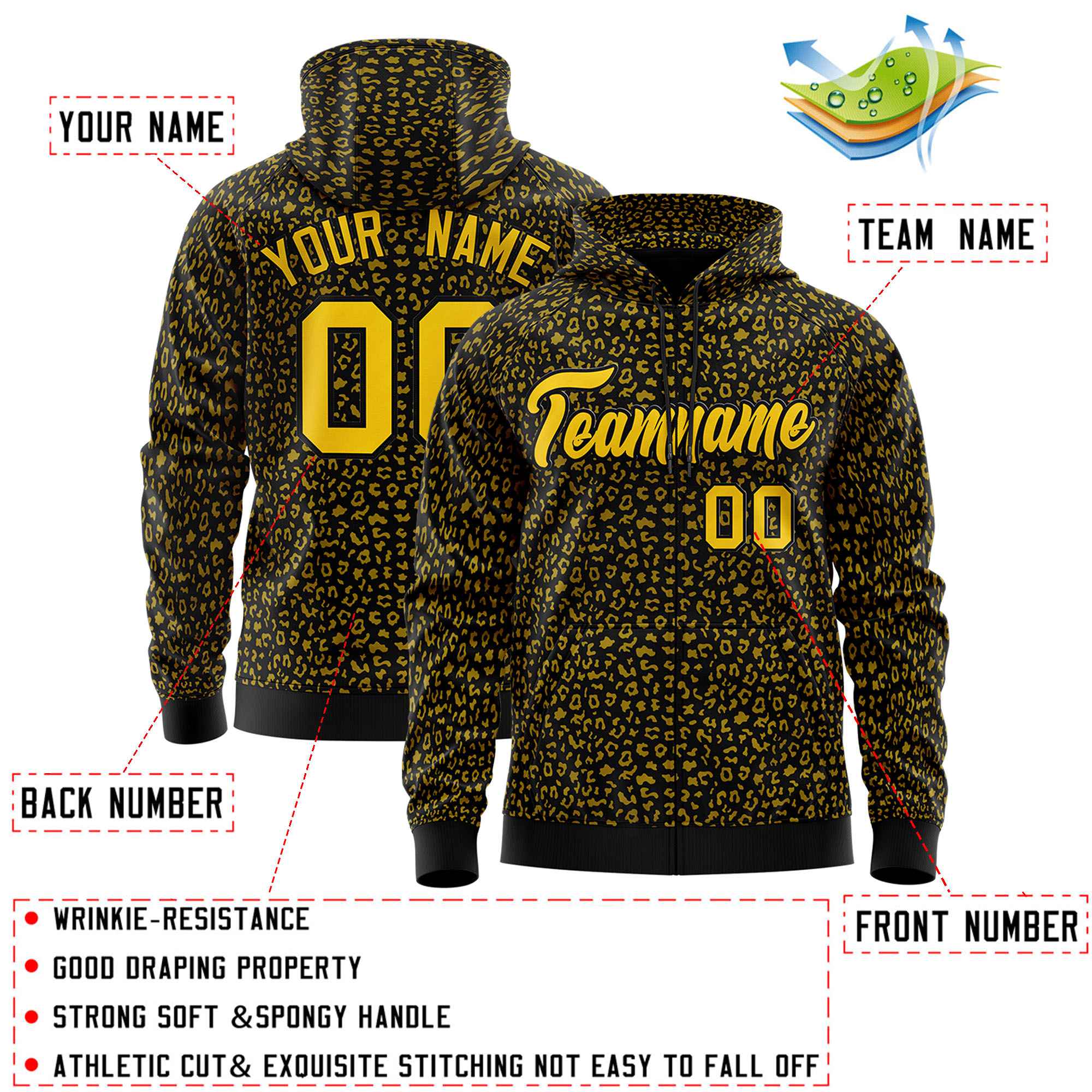 Custom Black Gold Varsity Full-Zip Letterman Leopard Print Hoodie Jacket