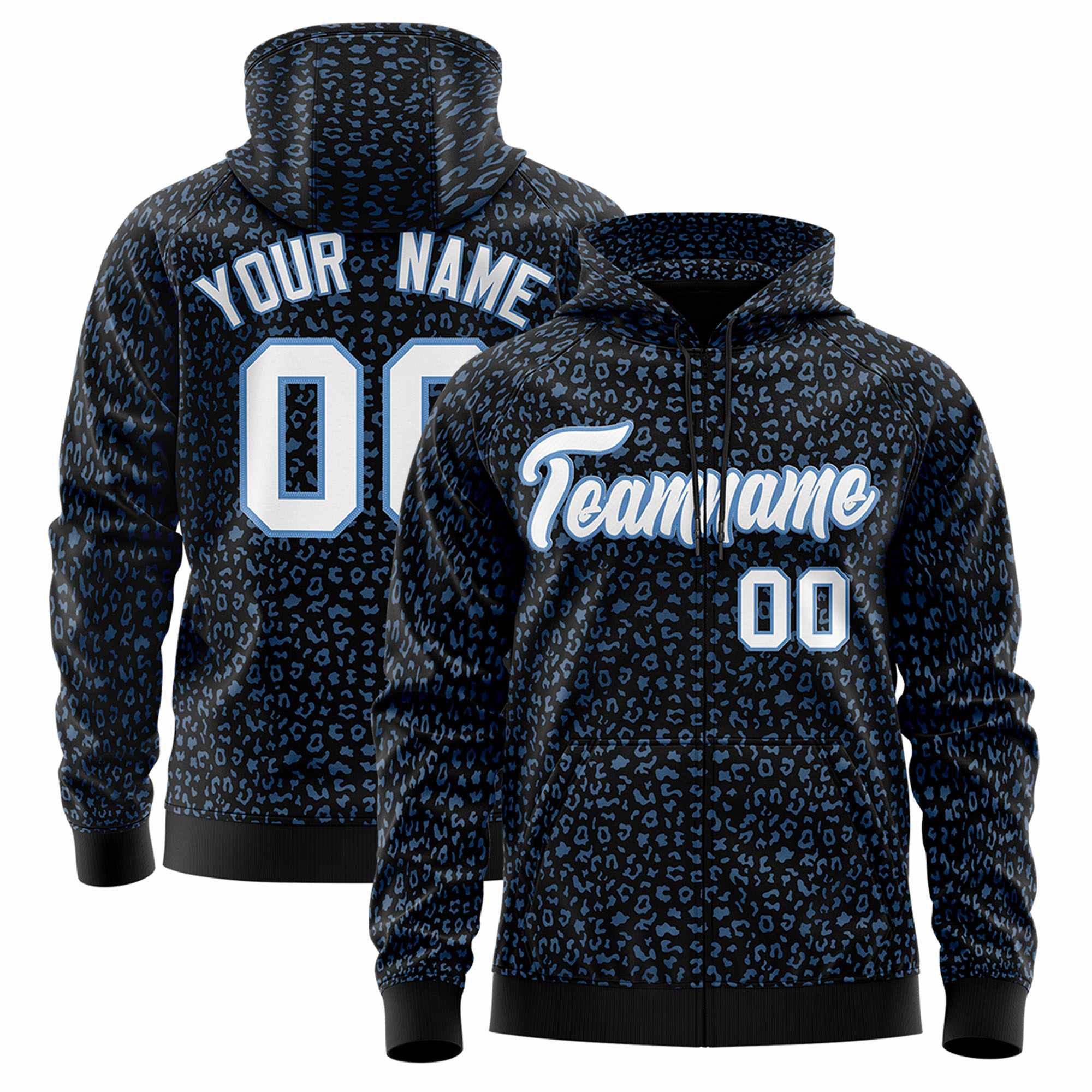 Custom Black Light Blue Varsity Full-Zip Letterman Leopard Print Hoodie Jacket