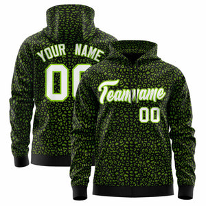 Custom Black Neon Green Varsity Full-Zip Letterman Leopard Print Hoodie Jacket