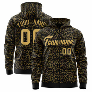 Custom Black Old Gold Varsity Full-Zip Letterman Leopard Print Hoodie Jacket