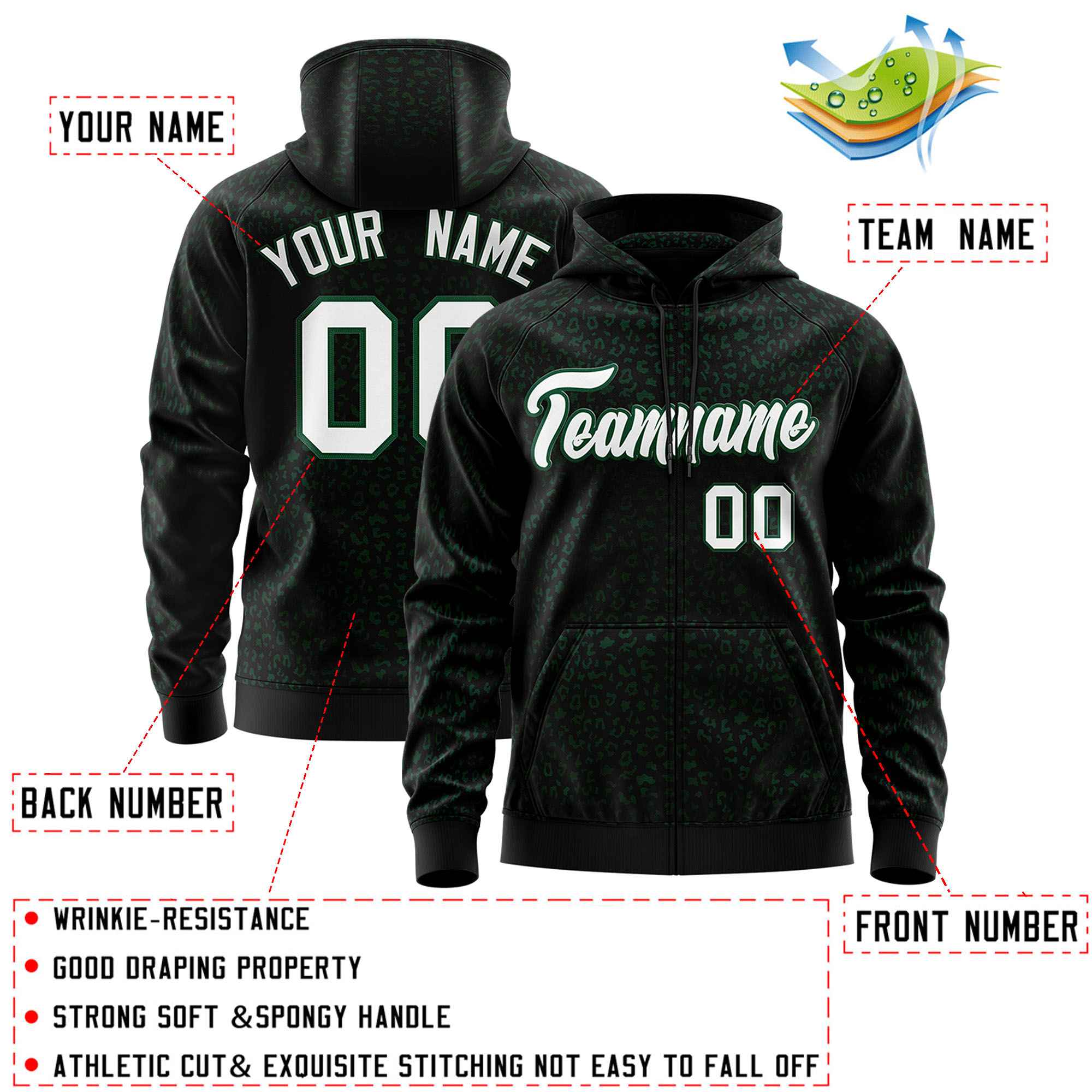 Custom Black Kelly Green Varsity Full-Zip Letterman Leopard Print Hoodie Jacket