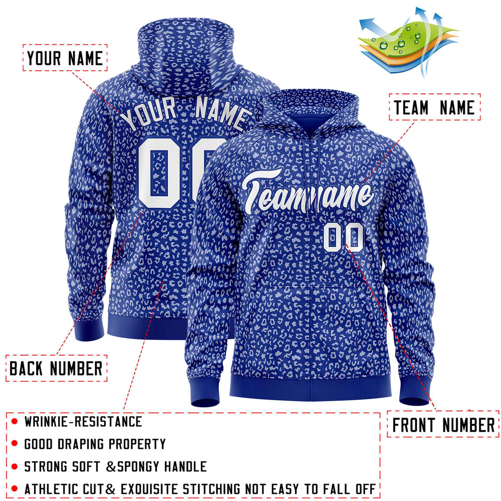 Custom Royal White Varsity Full-Zip Letterman Leopard Print Hoodie Jacket