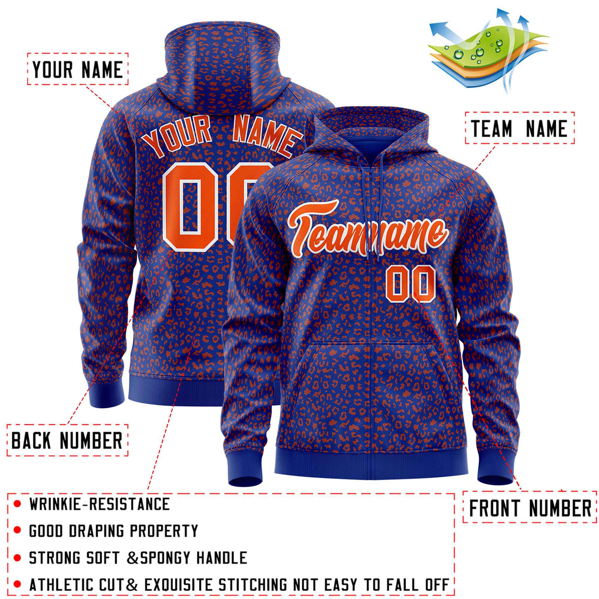 Custom Royal Orange Varsity Full-Zip Letterman Leopard Print Hoodie Jacket