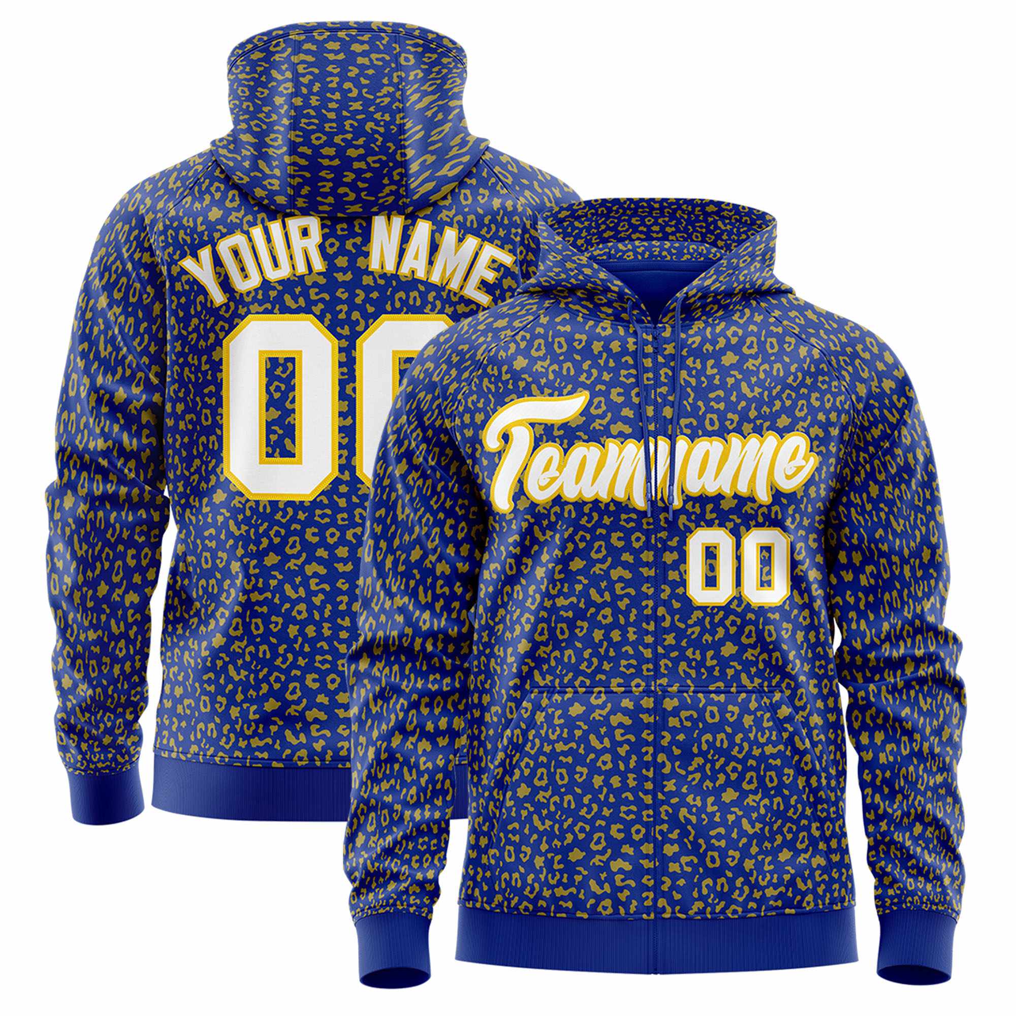 Custom Royal Gold Varsity Full-Zip Letterman Leopard Print Hoodie Jacket