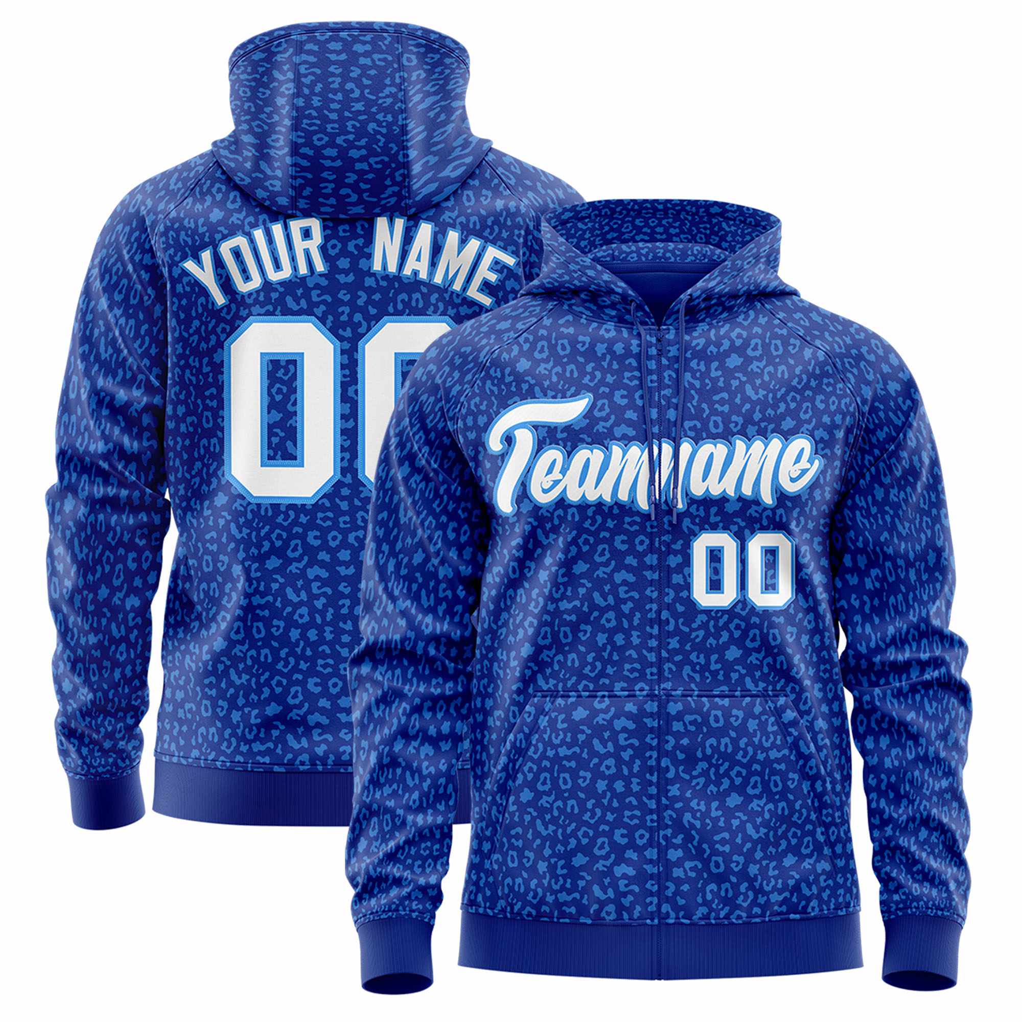 Custom Royal Powder Blue Varsity Full-Zip Letterman Leopard Print Hoodie Jacket