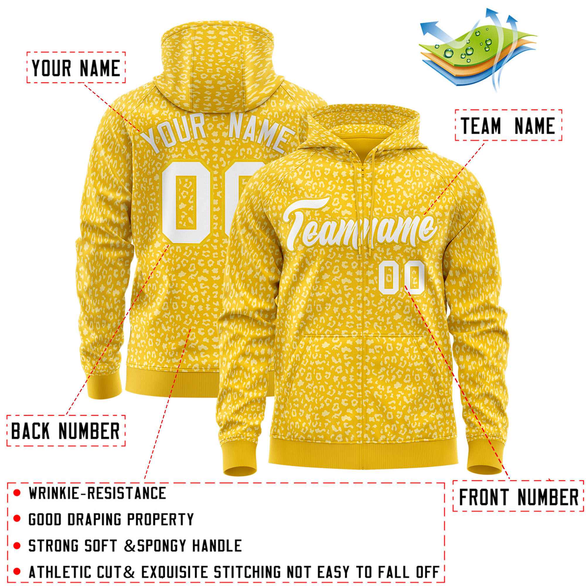 Custom Gold White Varsity Full-Zip Letterman Leopard Print Hoodie Jacket