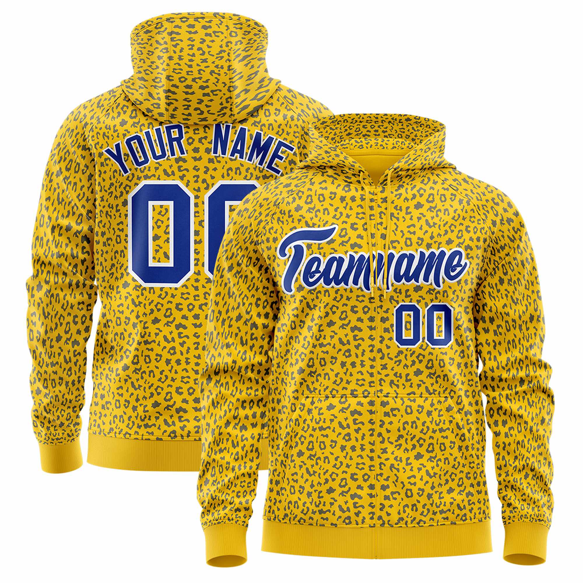 Custom Gold Royal Varsity Full-Zip Letterman Leopard Print Hoodie Jacket