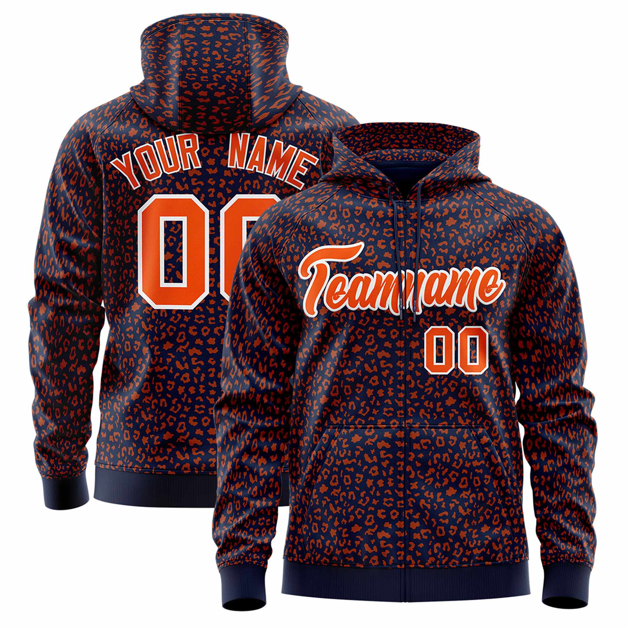 Custom Navy Orange Varsity Full-Zip Letterman Leopard Print Hoodie Jacket