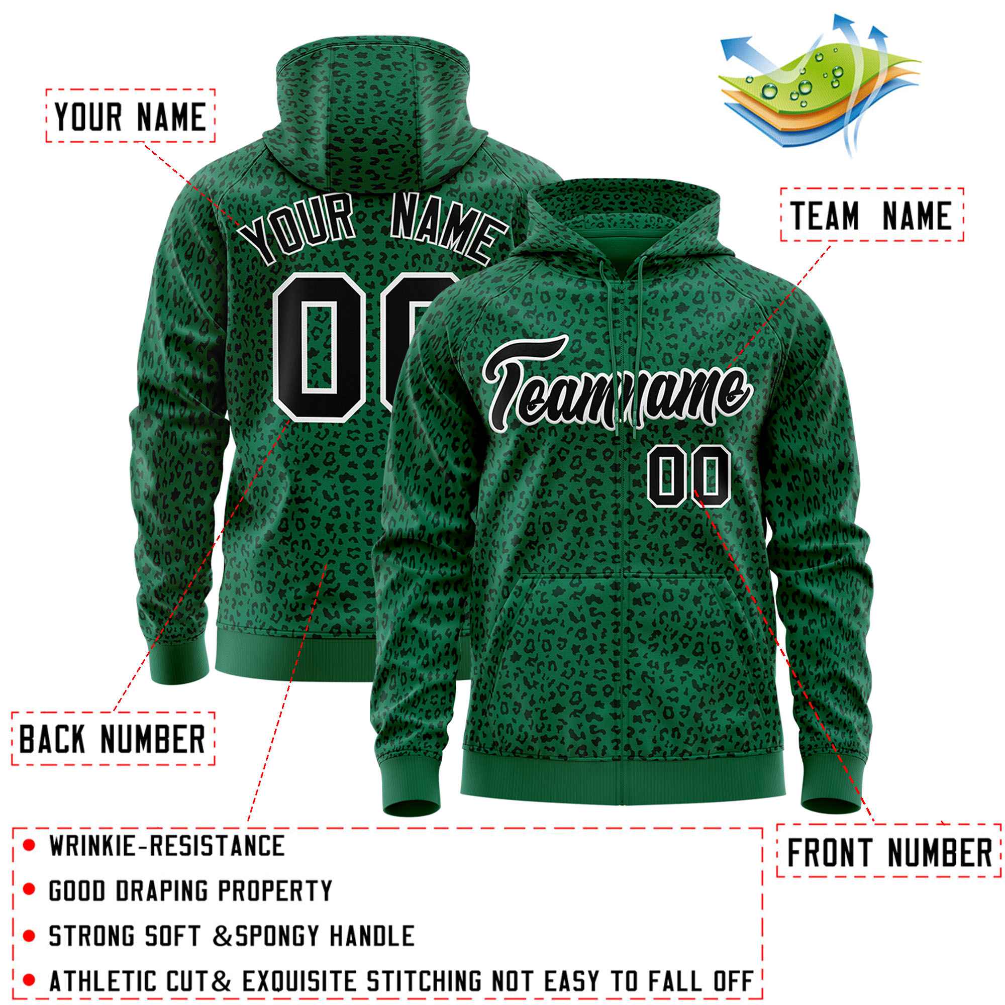 Custom Kelly Green Black Varsity Full-Zip Letterman Leopard Print Hoodie Jacket