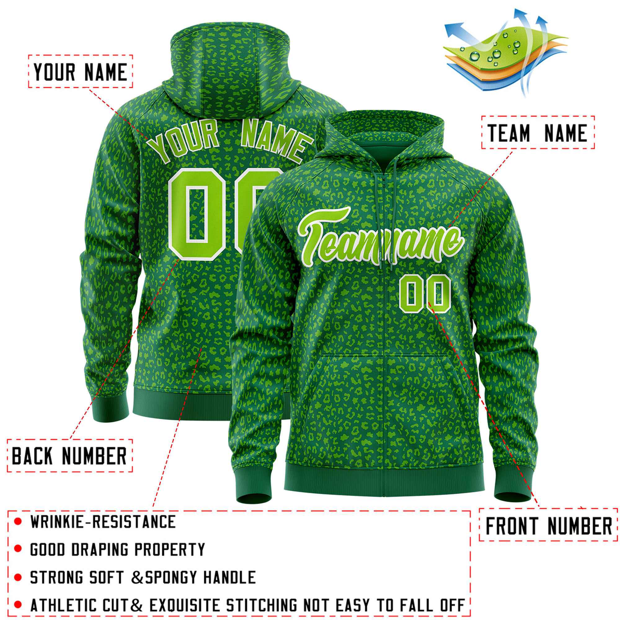 Custom Kelly Green Neon Green Varsity Full-Zip Letterman Leopard Print Hoodie Jacket