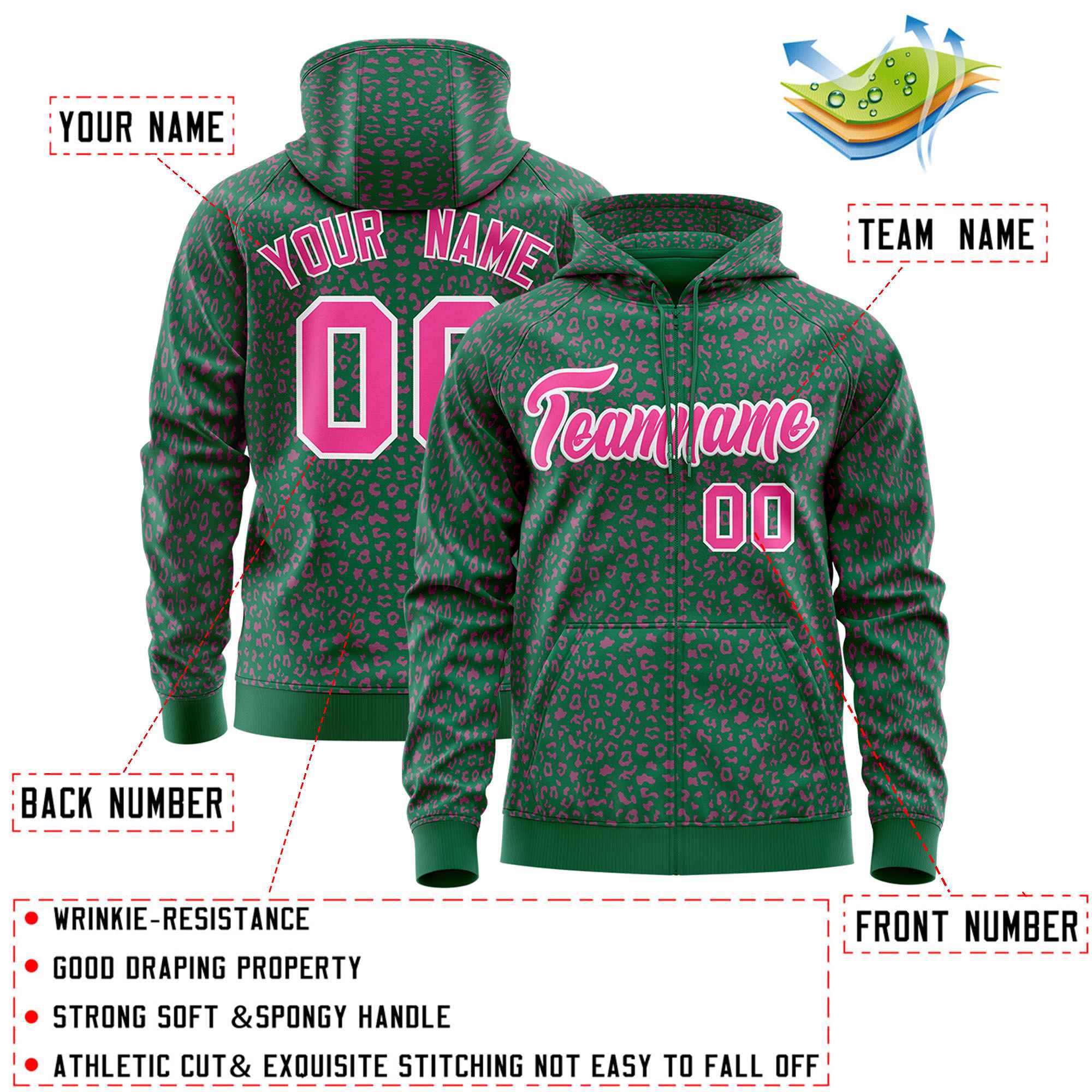 Custom Kelly Green Pink Varsity Full-Zip Letterman Leopard Print Hoodie Jacket