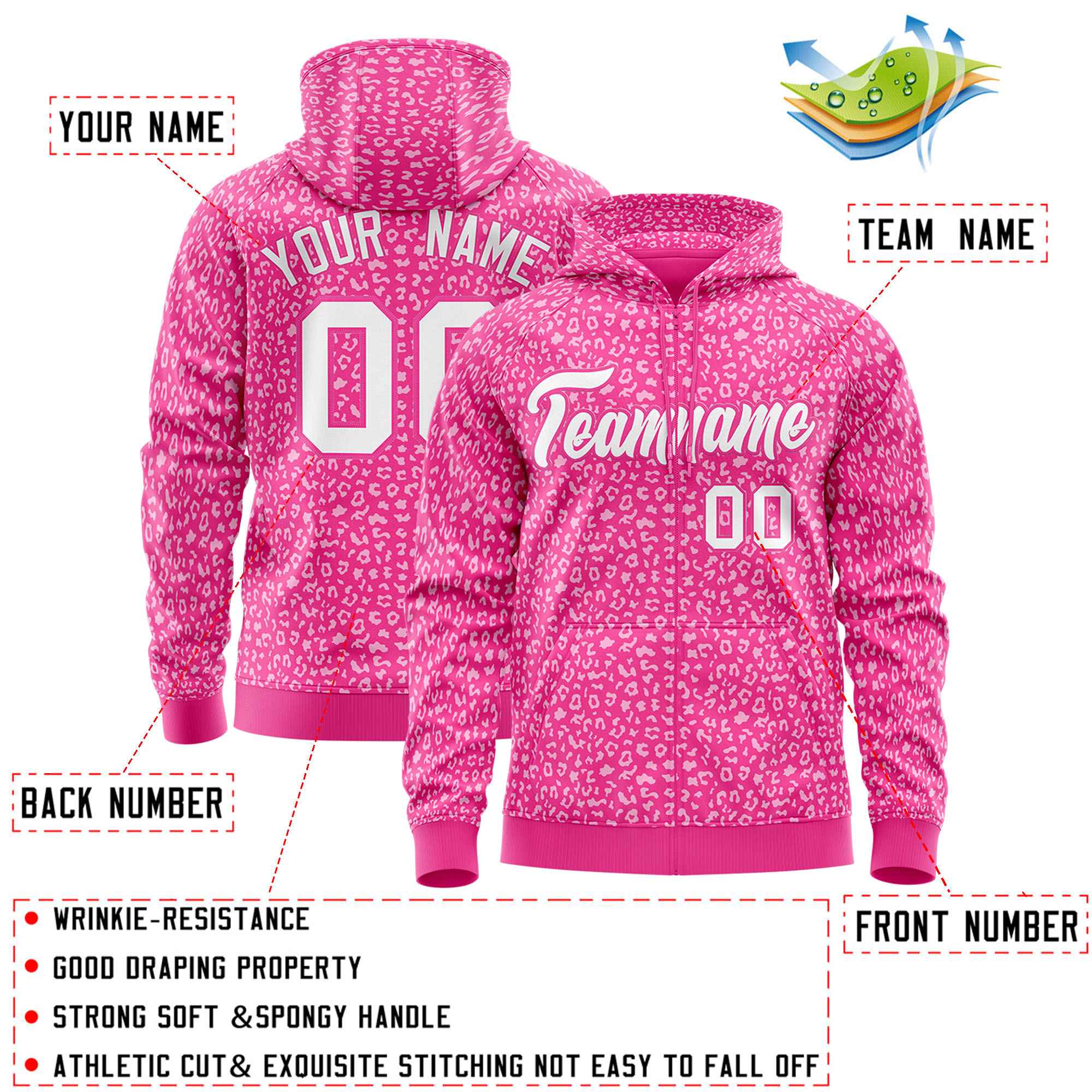 Custom Pink White Varsity Full-Zip Letterman Leopard Print Hoodie Jacket