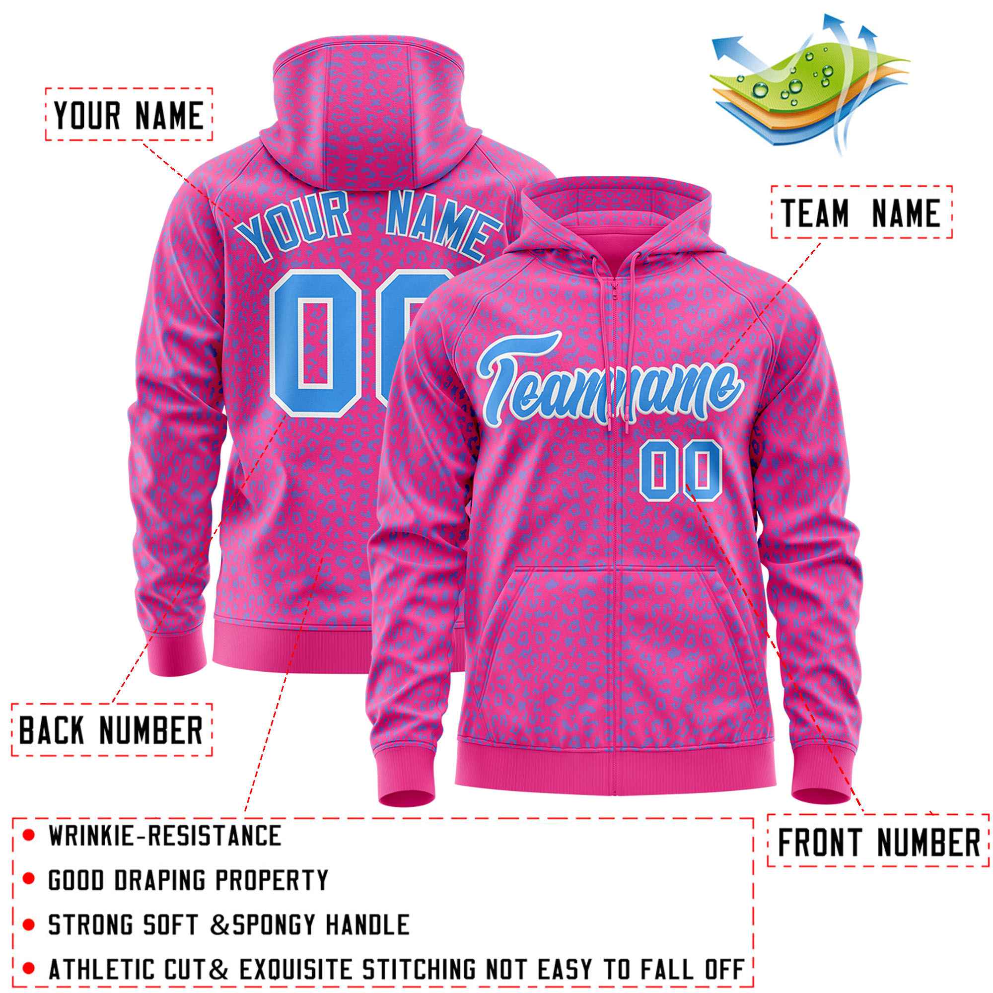 Custom Pink Powder Blue Varsity Full-Zip Letterman Leopard Print Hoodie Jacket