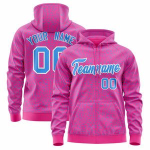 Custom Pink Powder Blue Varsity Full-Zip Letterman Leopard Print Hoodie Jacket