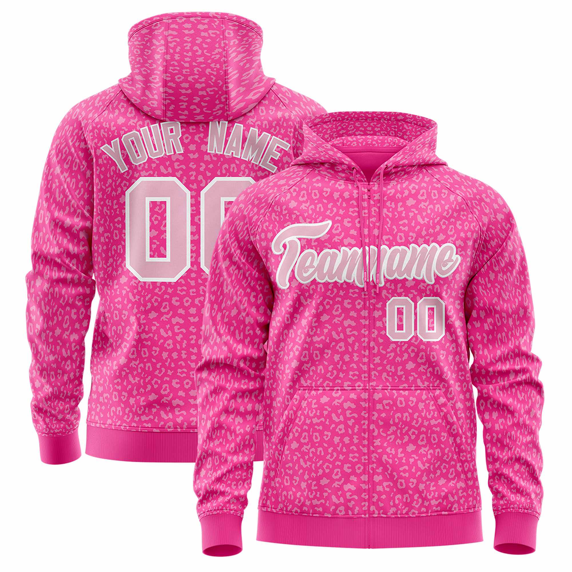 Custom Pink Light Pink Varsity Full-Zip Letterman Leopard Print Hoodie Jacket