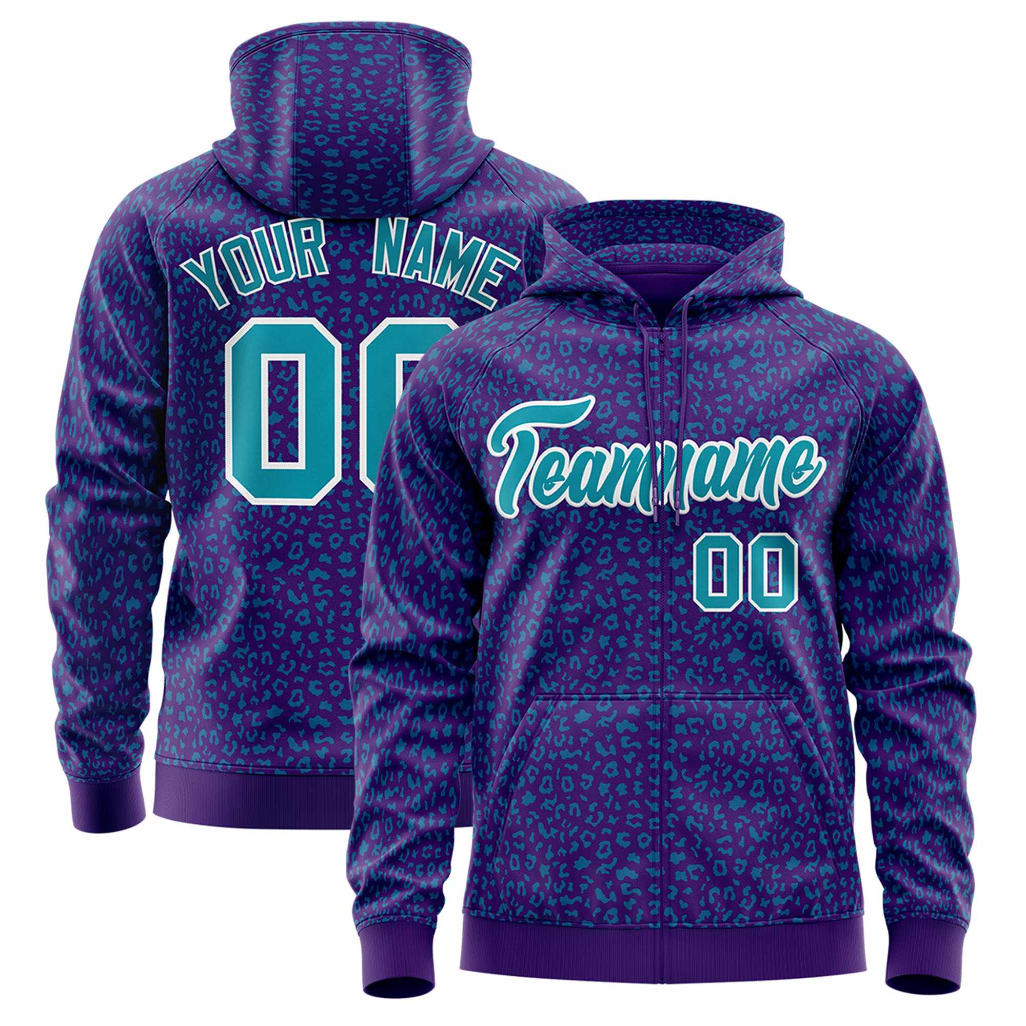 Custom Purple Teal Varsity Full-Zip Letterman Leopard Print Hoodie Jacket