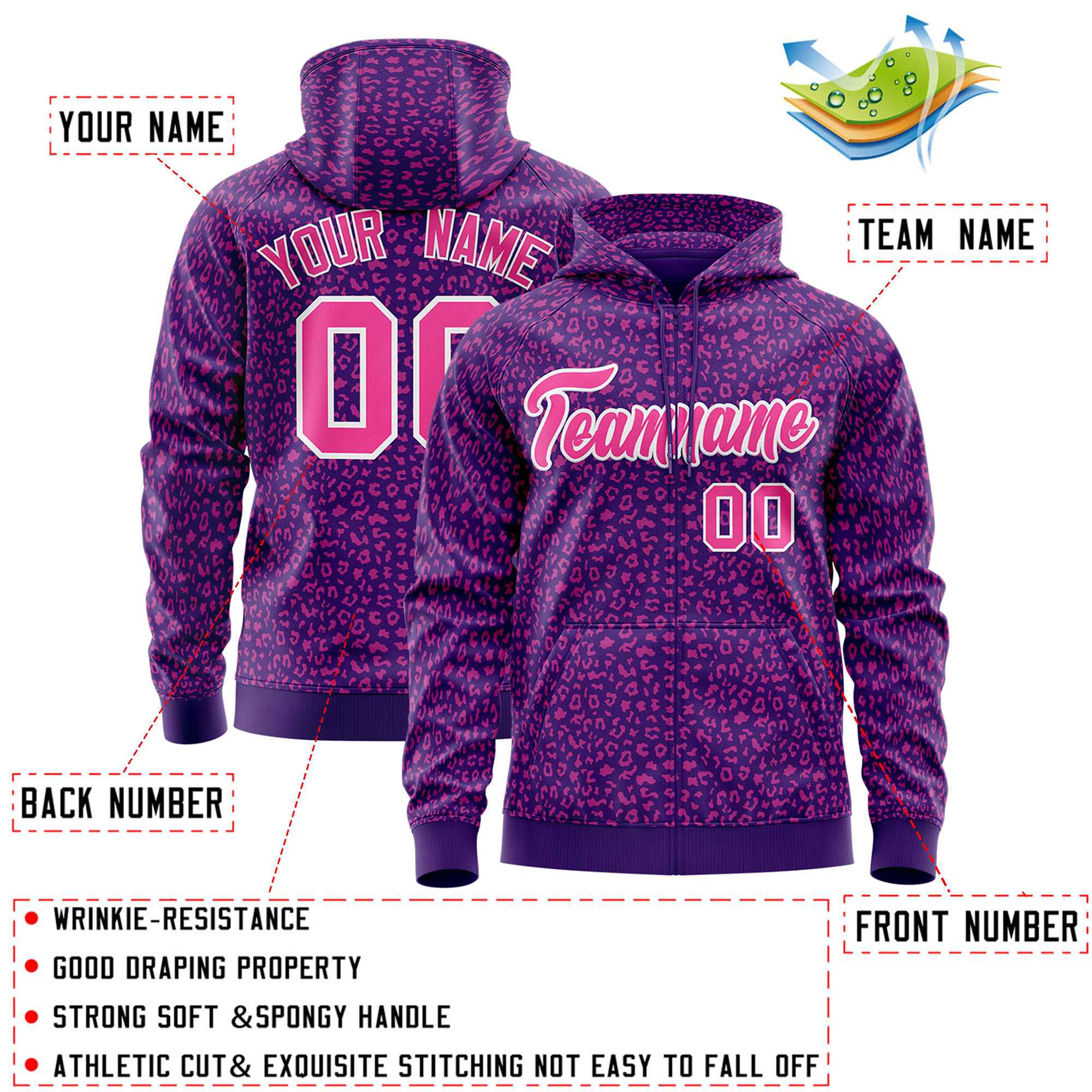 Custom Purple Pink Varsity Full-Zip Letterman Leopard Print Hoodie Jacket