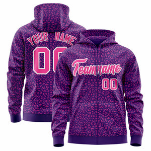 Custom Purple Pink Varsity Full-Zip Letterman Leopard Print Hoodie Jacket