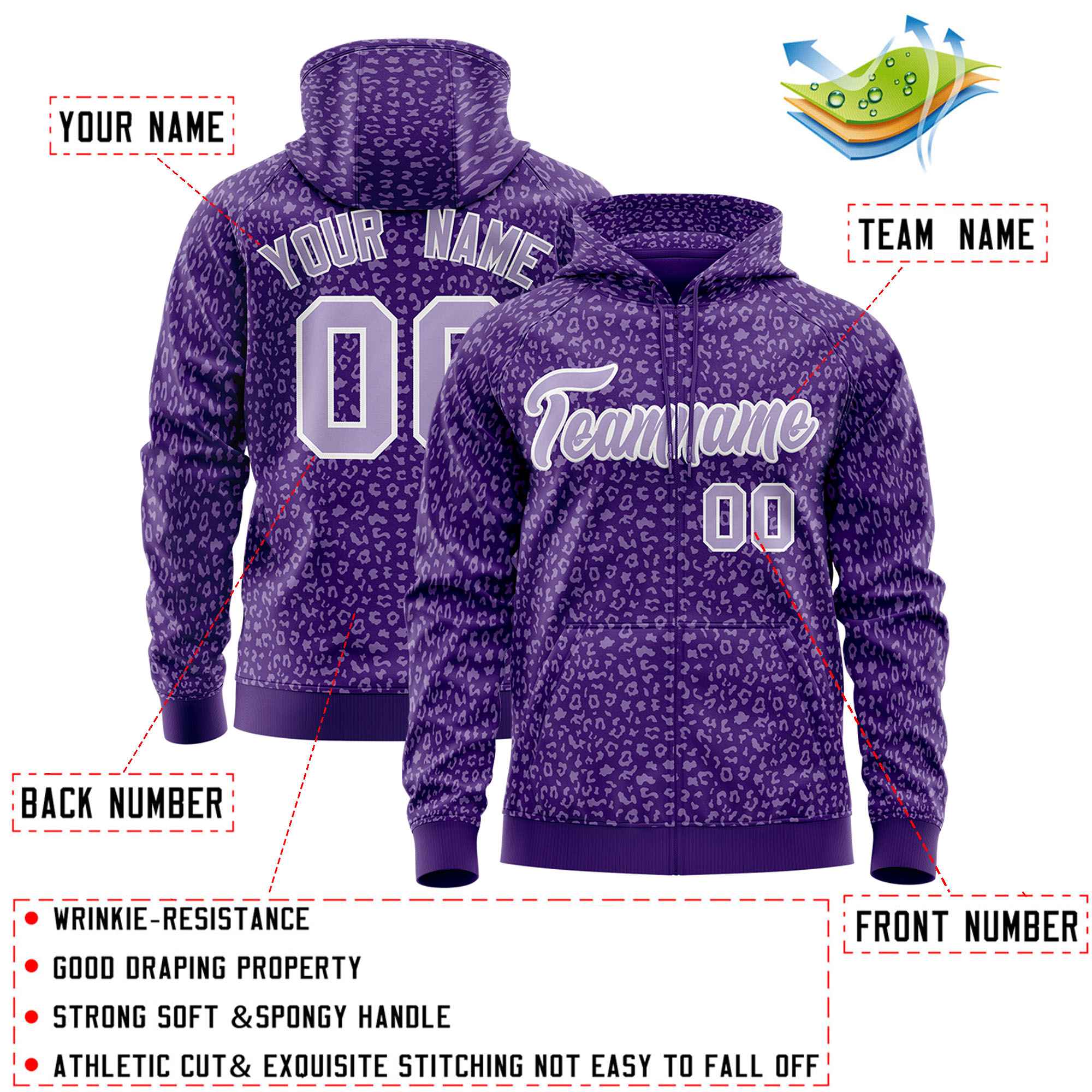 Custom White Purple Varsity Full-Zip Letterman Leopard Print Hoodie Jacket