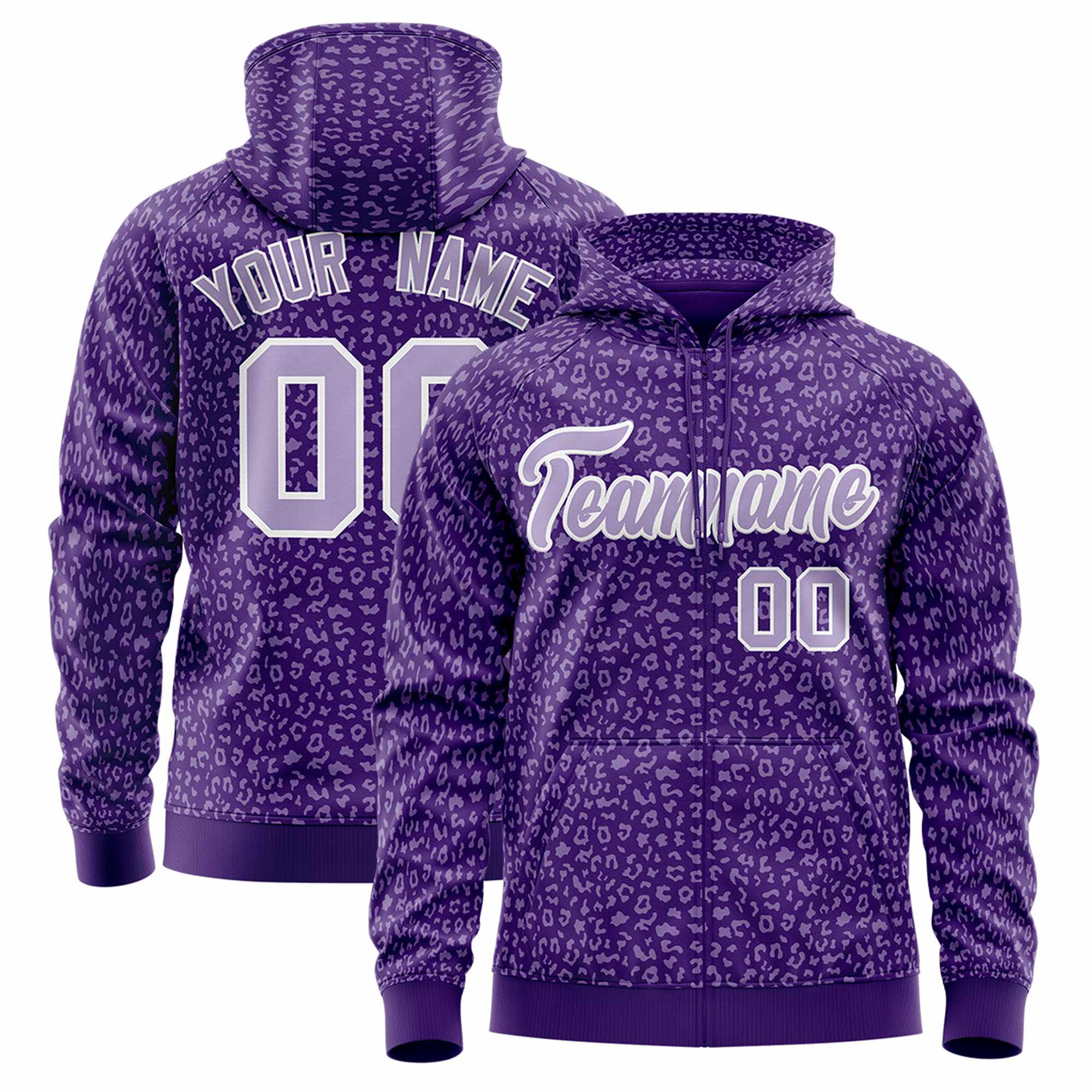 Custom White Purple Varsity Full-Zip Letterman Leopard Print Hoodie Jacket