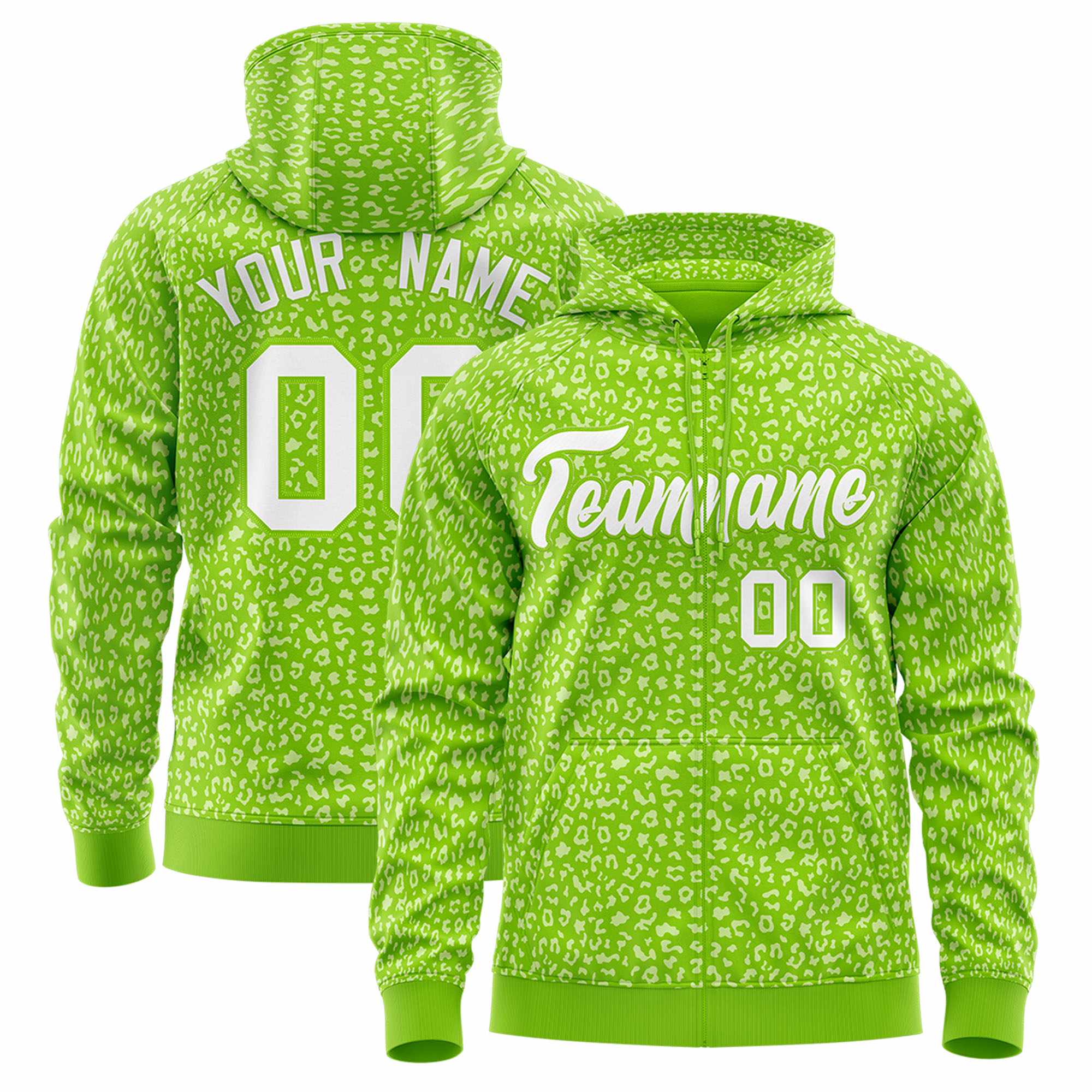 Custom Neon Green White Varsity Full-Zip Letterman Leopard Print Hoodie Jacket