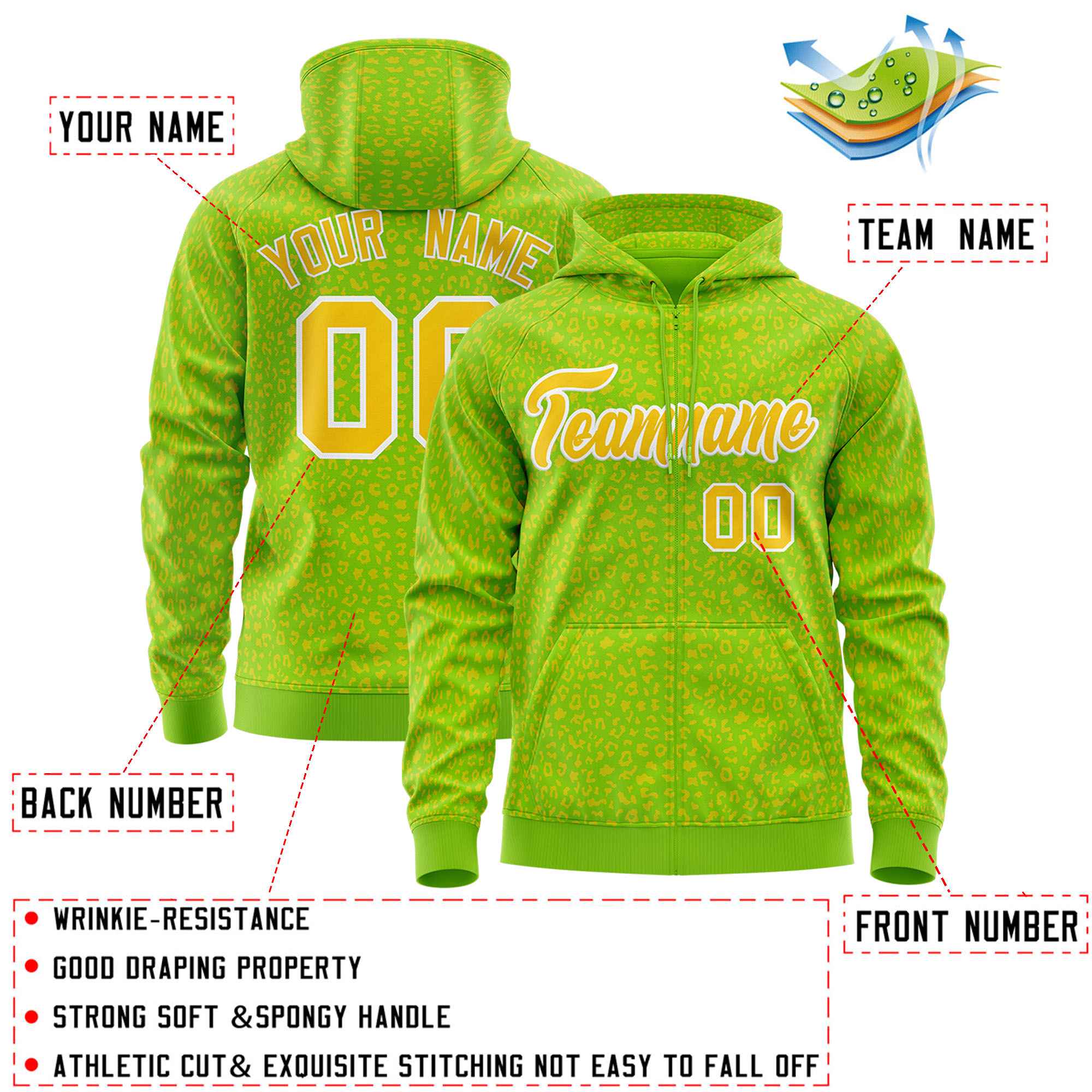 Custom Neon Green Gold Varsity Full-Zip Letterman Leopard Print Hoodie Jacket