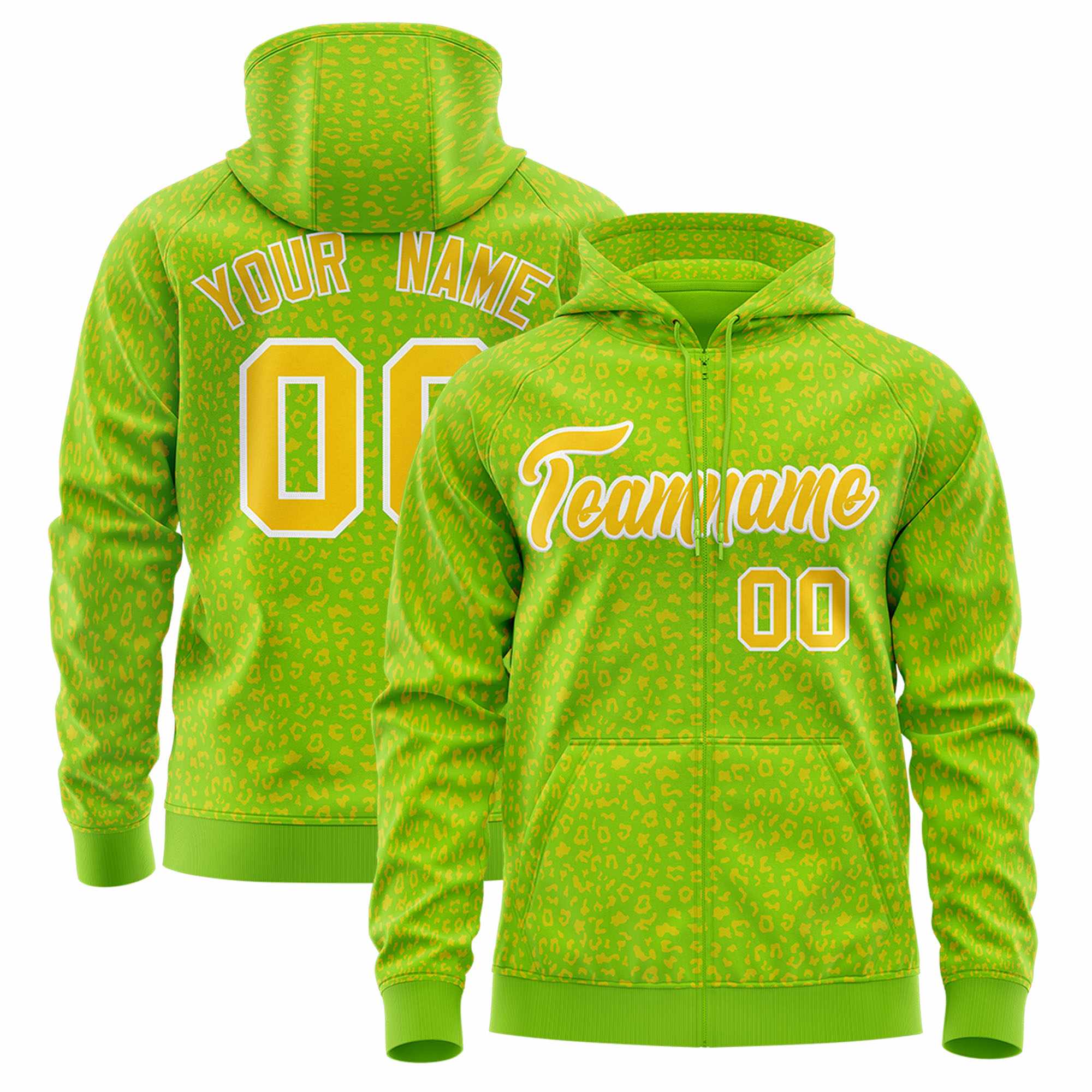 Custom Neon Green Gold Varsity Full-Zip Letterman Leopard Print Hoodie Jacket