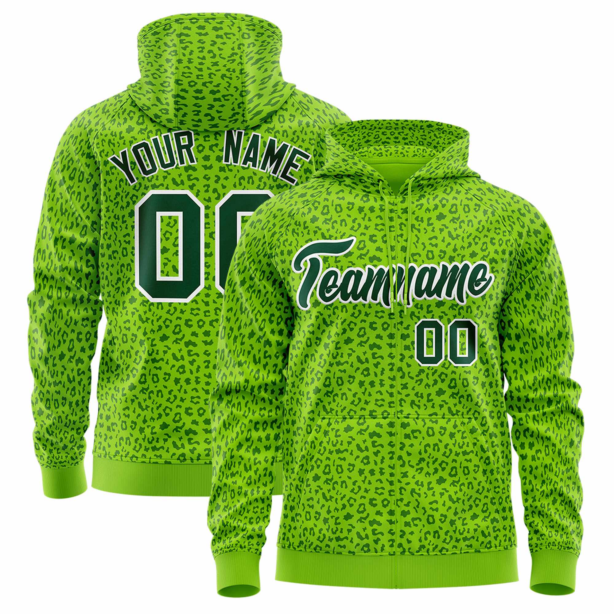 Custom White Neon Green Varsity Full-Zip Letterman Leopard Print Hoodie Jacket