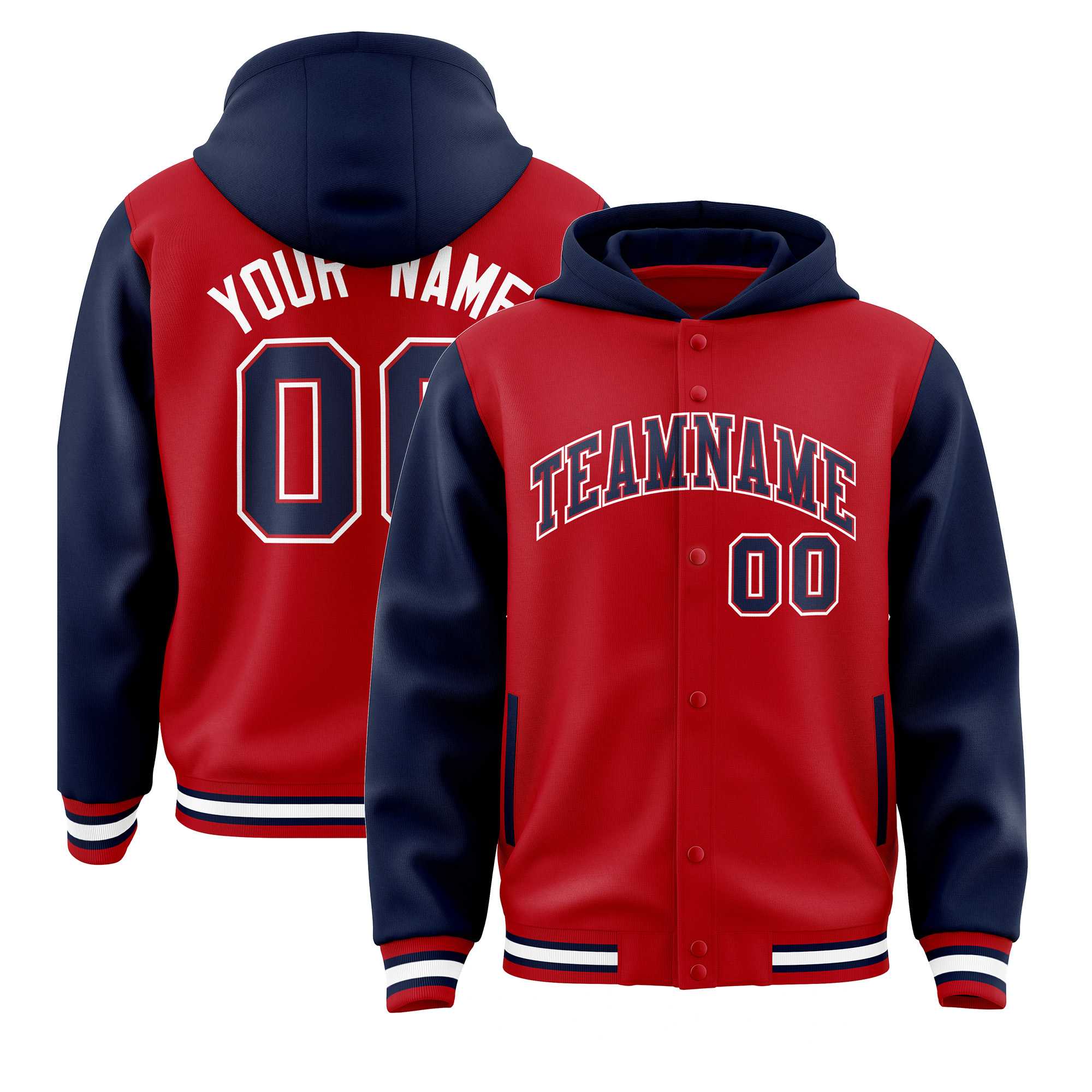 Custom Red Navy Raglan Sleeves Varsity Full-Snap Letterman Two Tone Hoodie Jacket