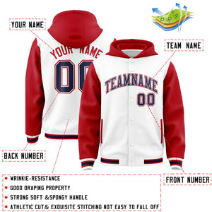 Custom White Red Raglan Sleeves Varsity Full-Snap Letterman Two Tone Hoodie Jacket