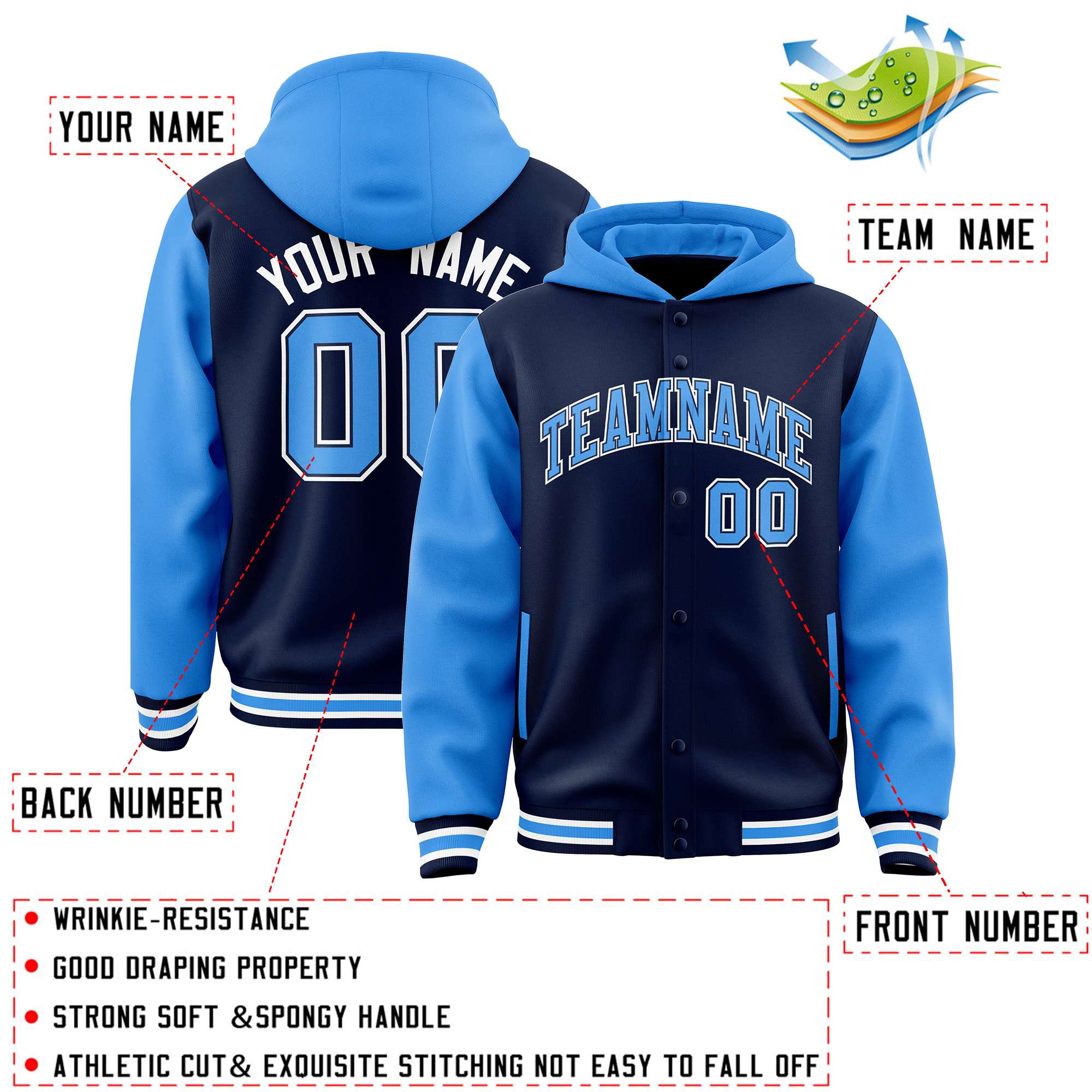 Custom Navy Powder Blue Raglan Sleeves Varsity Full-Snap Letterman Two Tone Hoodie Jacket