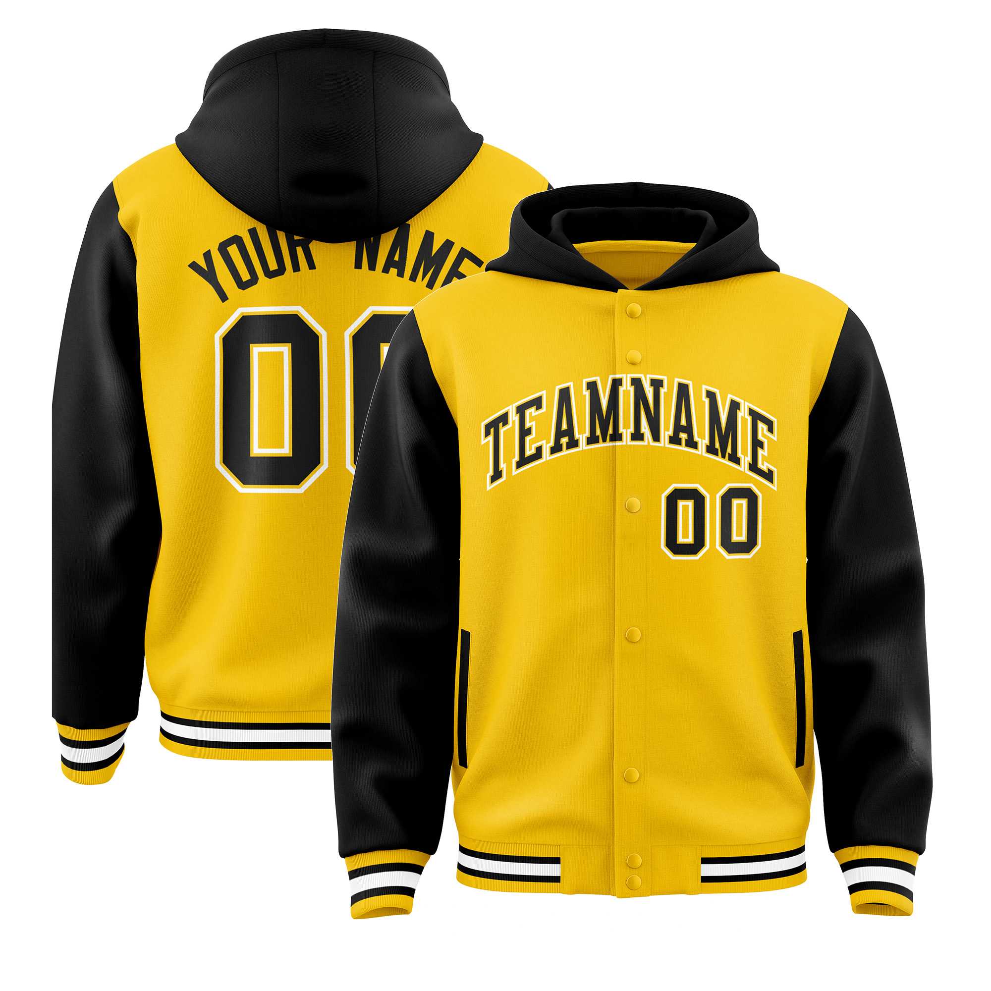 Custom Gold Black Raglan Sleeves Varsity Full-Snap Letterman Two Tone Hoodie Jacket